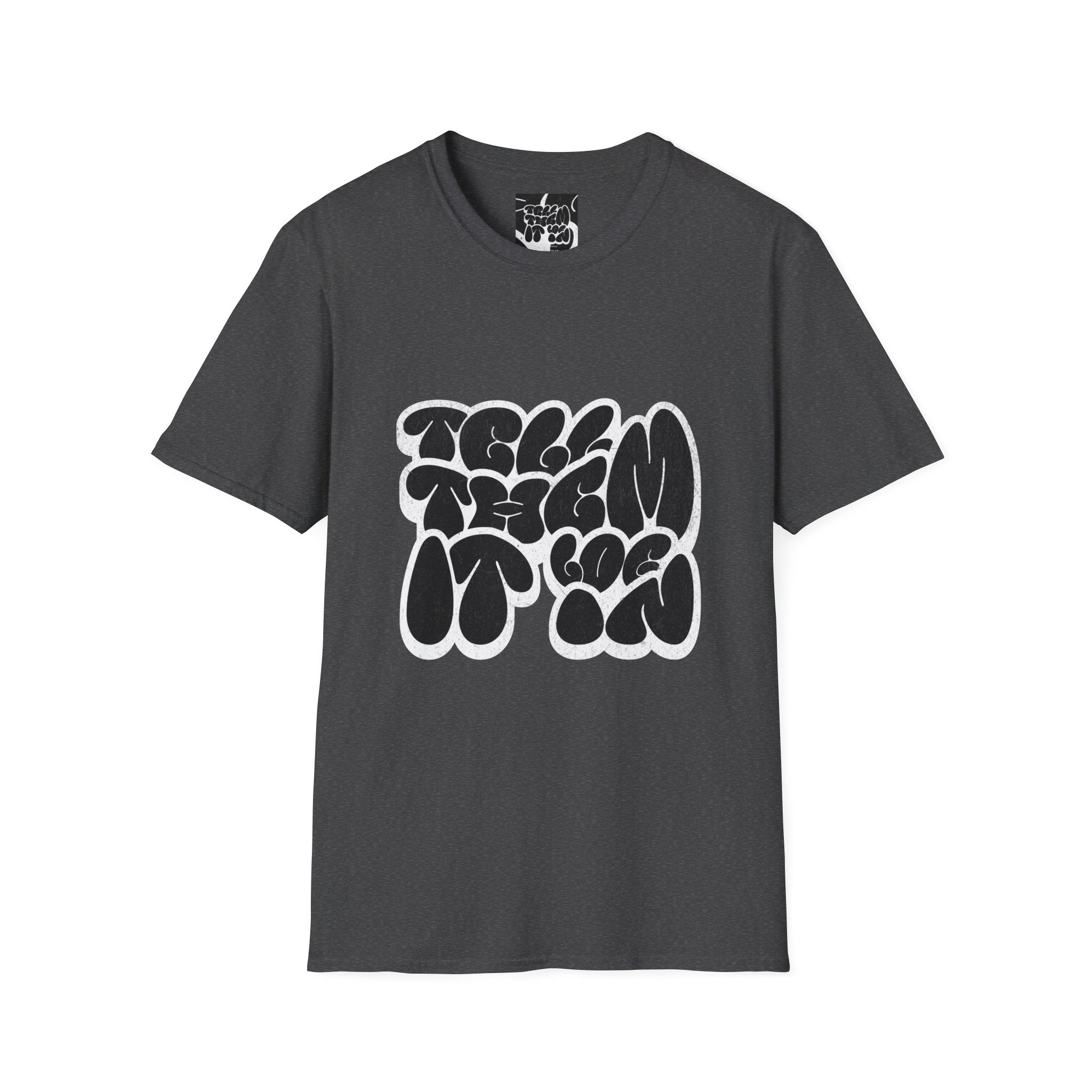 Abstract Bubble Letter Graphic "LOG IT IN" T-Shirt — Vintage Black Text Design