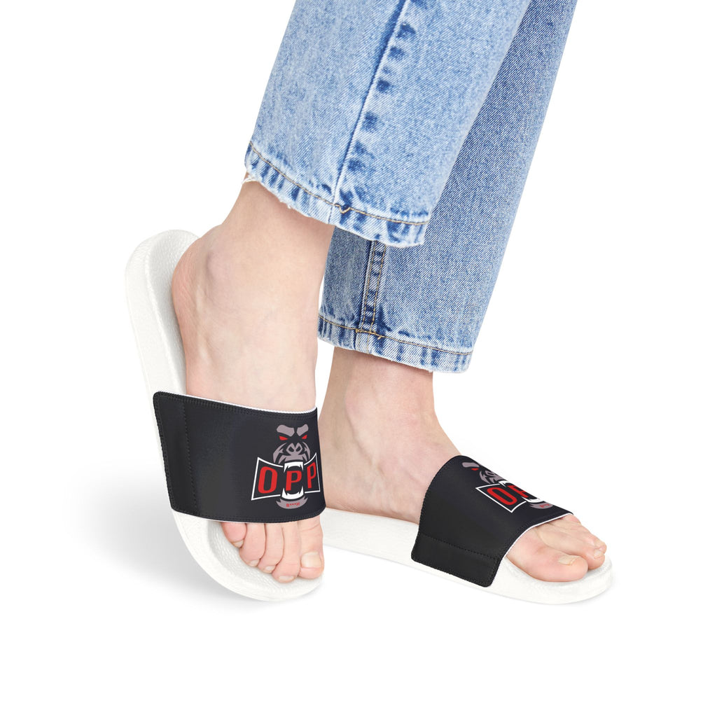 Women's Slide Sandals — Black Strap with 'Opp' Logo Graphic