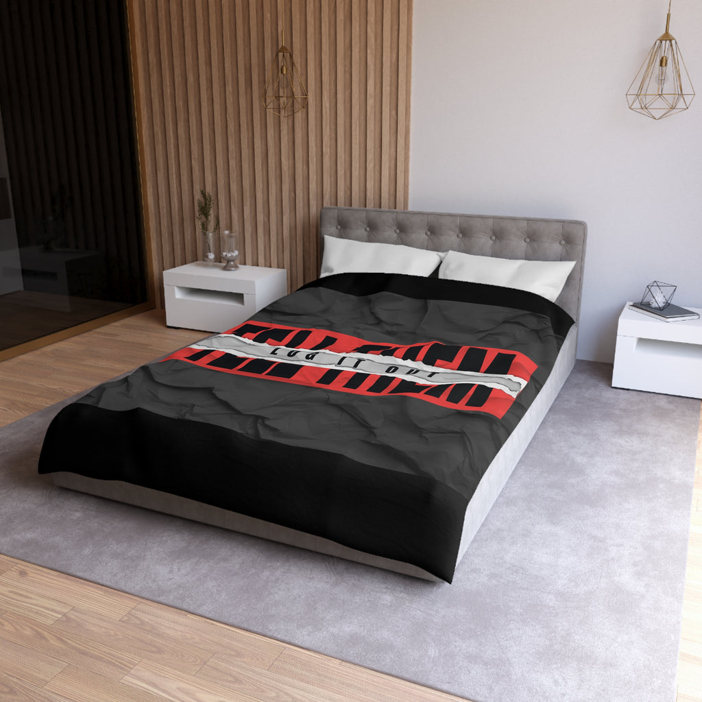 Duvet Cover — Bold 'Log It Out' Graphic Microfiber Duvet (Crinkled Black & Red)
