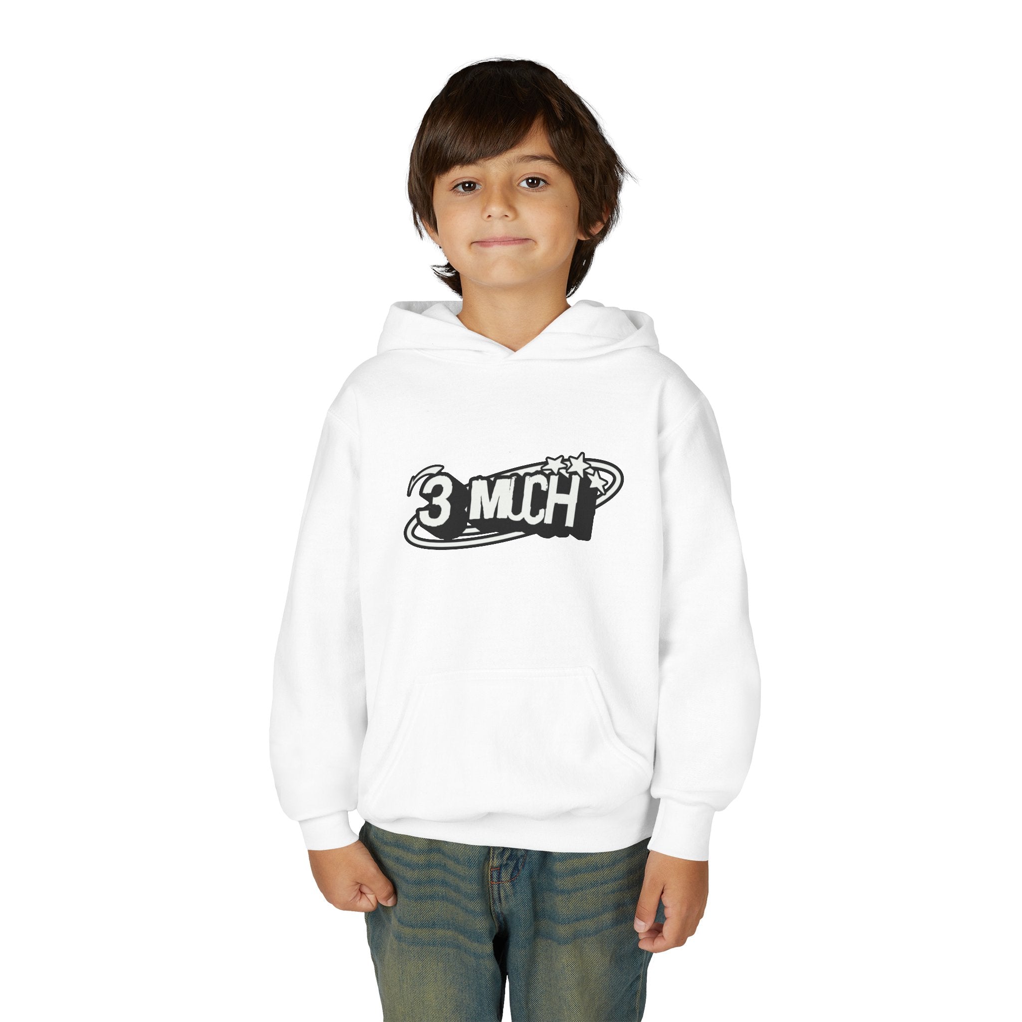 Youth Hoodie — Retro '3 MUCH'Style Graphic Pullover