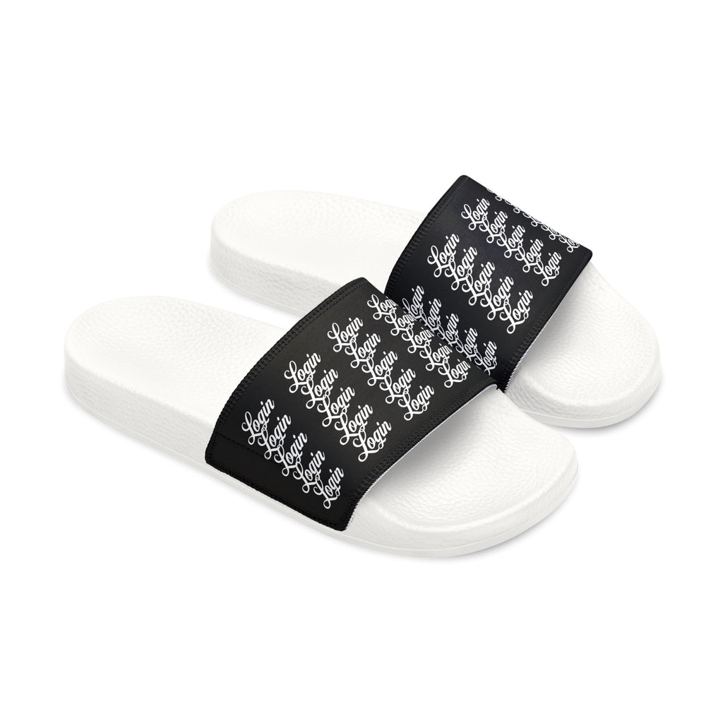 Men's Slide Sandals — Black Login Pattern Removable-Strap Pool Slides