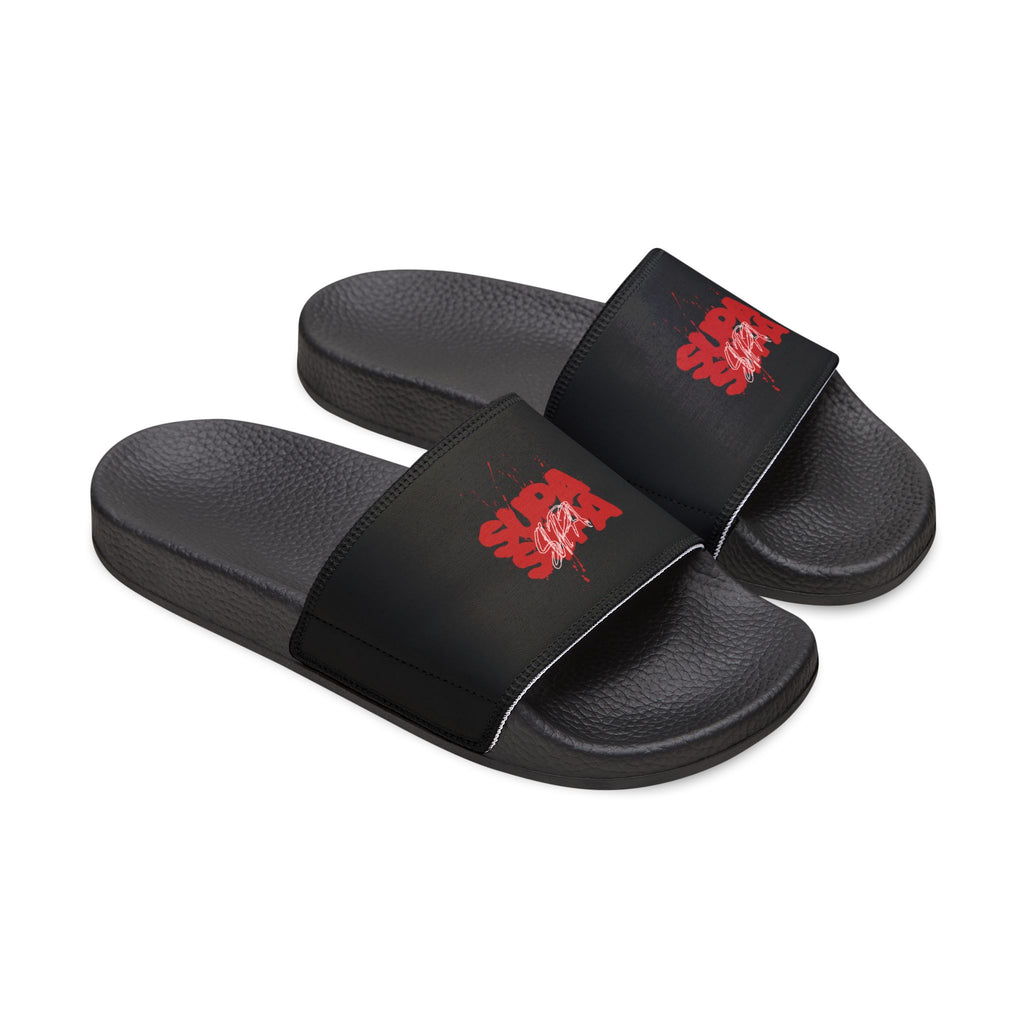 Women's Removable-Strap Sandals — Black Slide Sandals with "LOG IT OUT" Logo