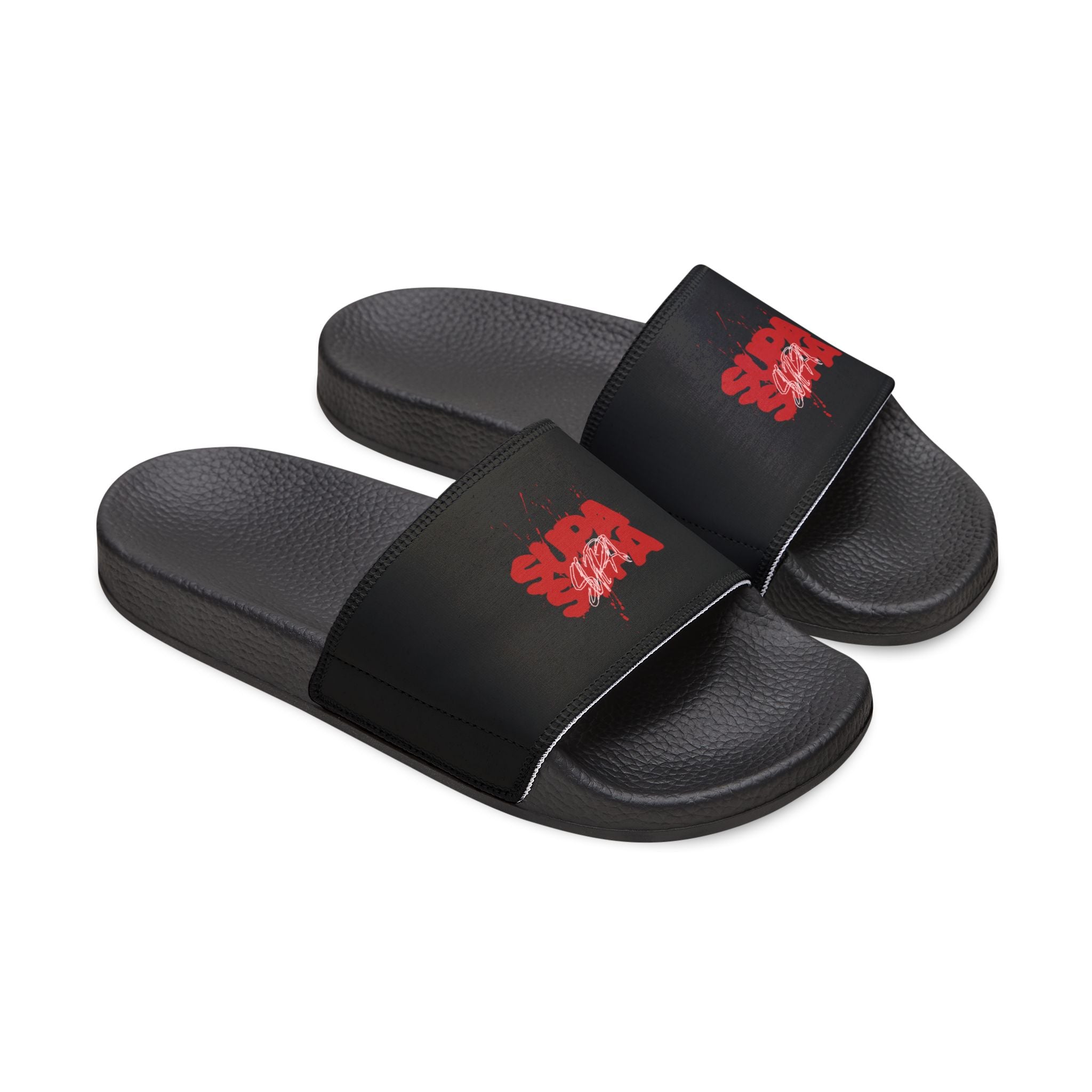 Women's Removable-Strap Sandals — Black Slide Sandals with "LOG IT OUT" Logo