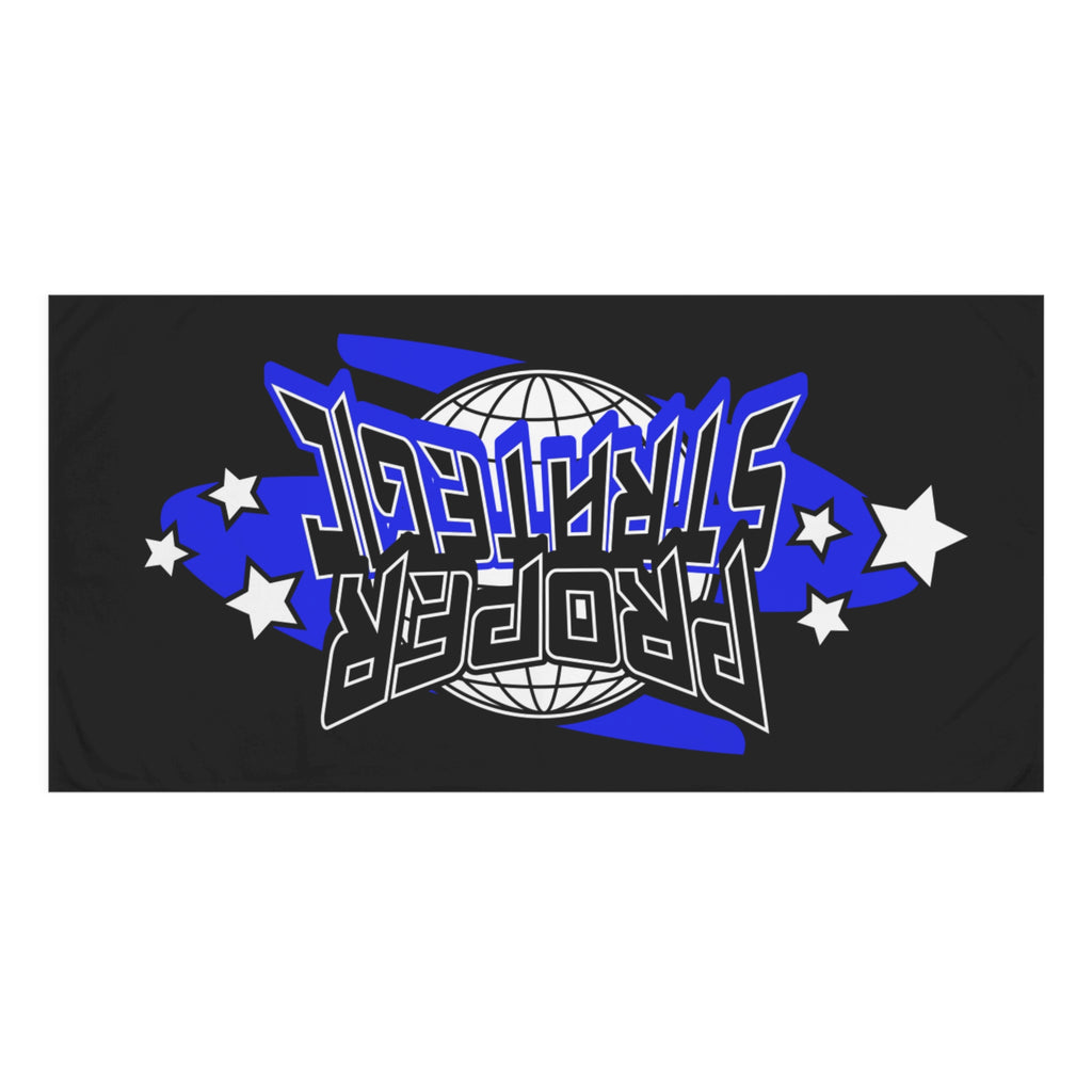 Proper Strategic Logo Beach Towel — Black & Blue Graphic Cotton Towel