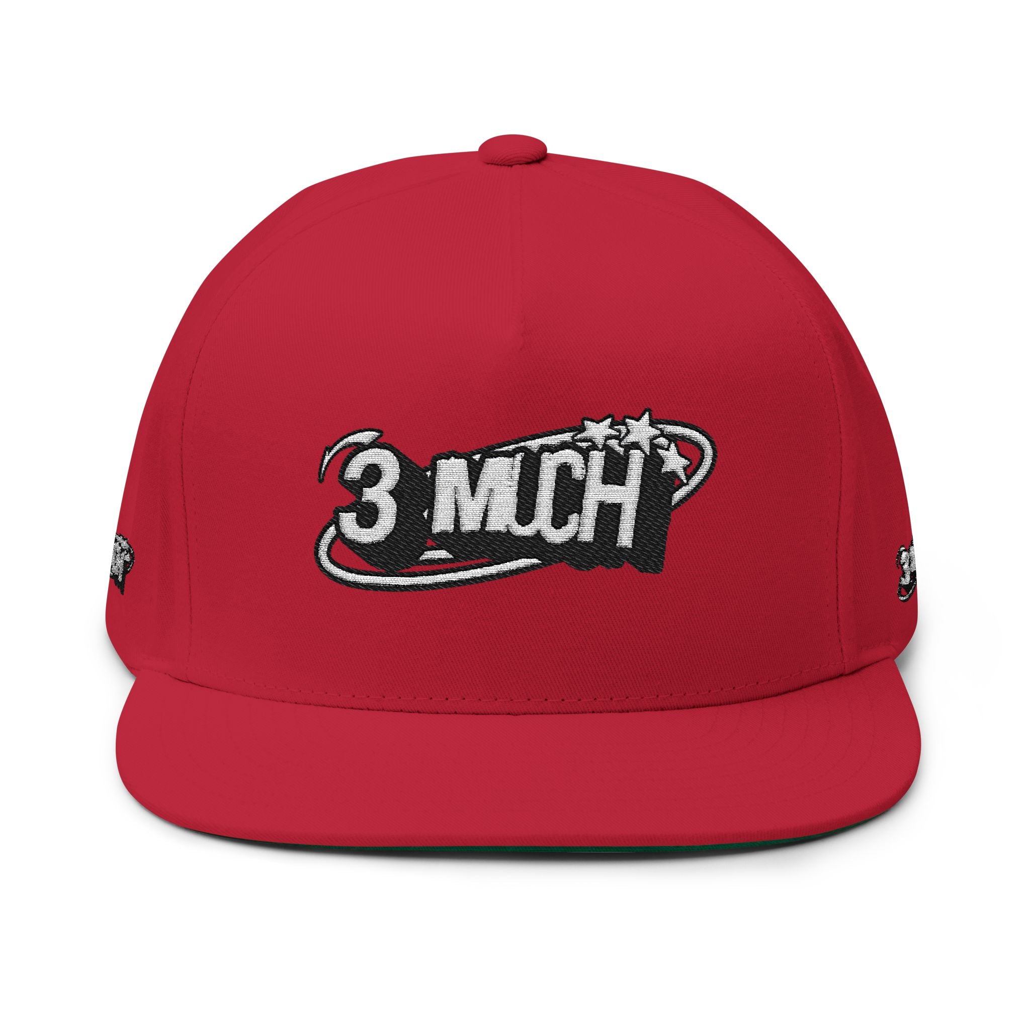Embroidered Flat Bill Cap — 3 MuCH Retro Logo Snapback