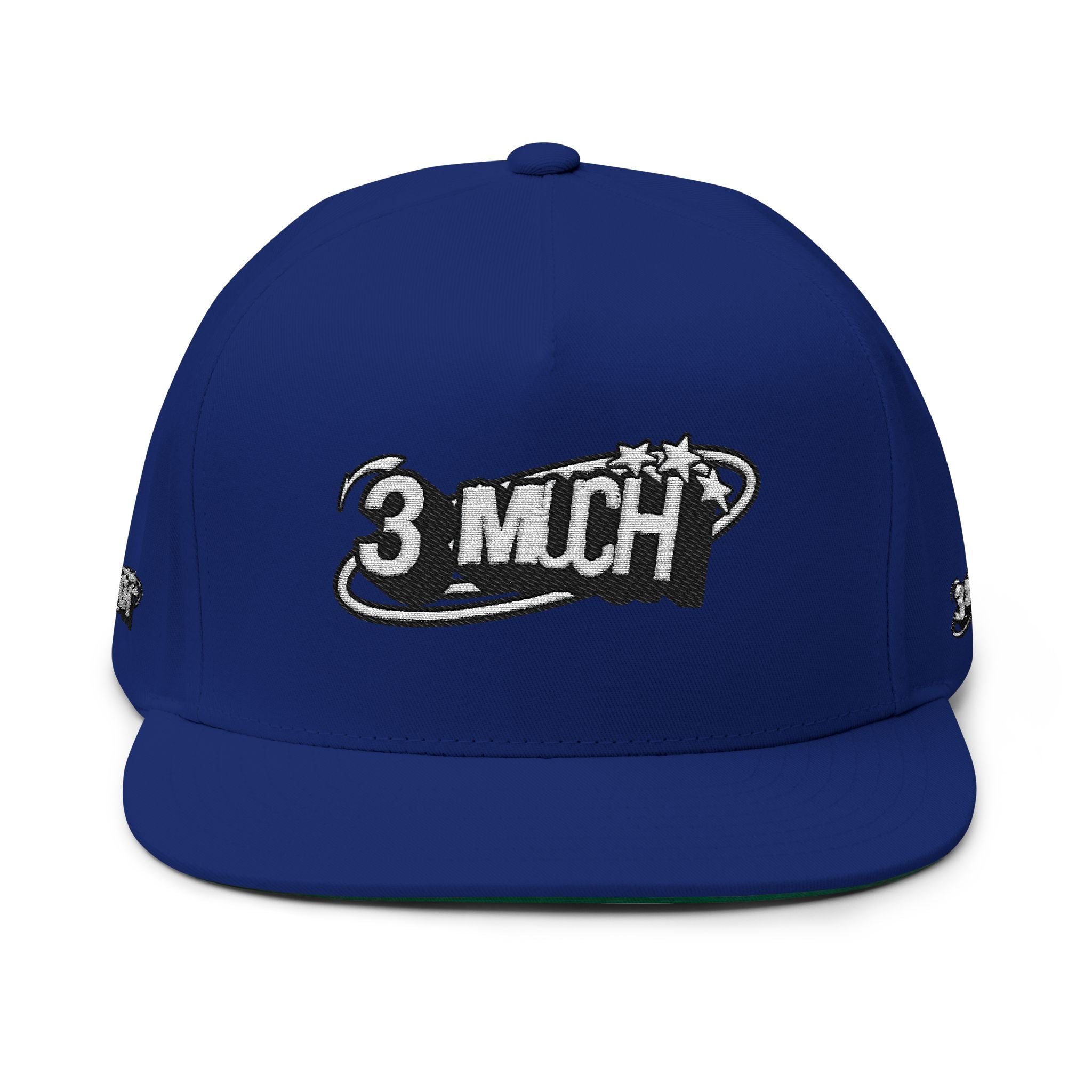 Embroidered Flat Bill Cap — 3 MuCH Retro Logo Snapback