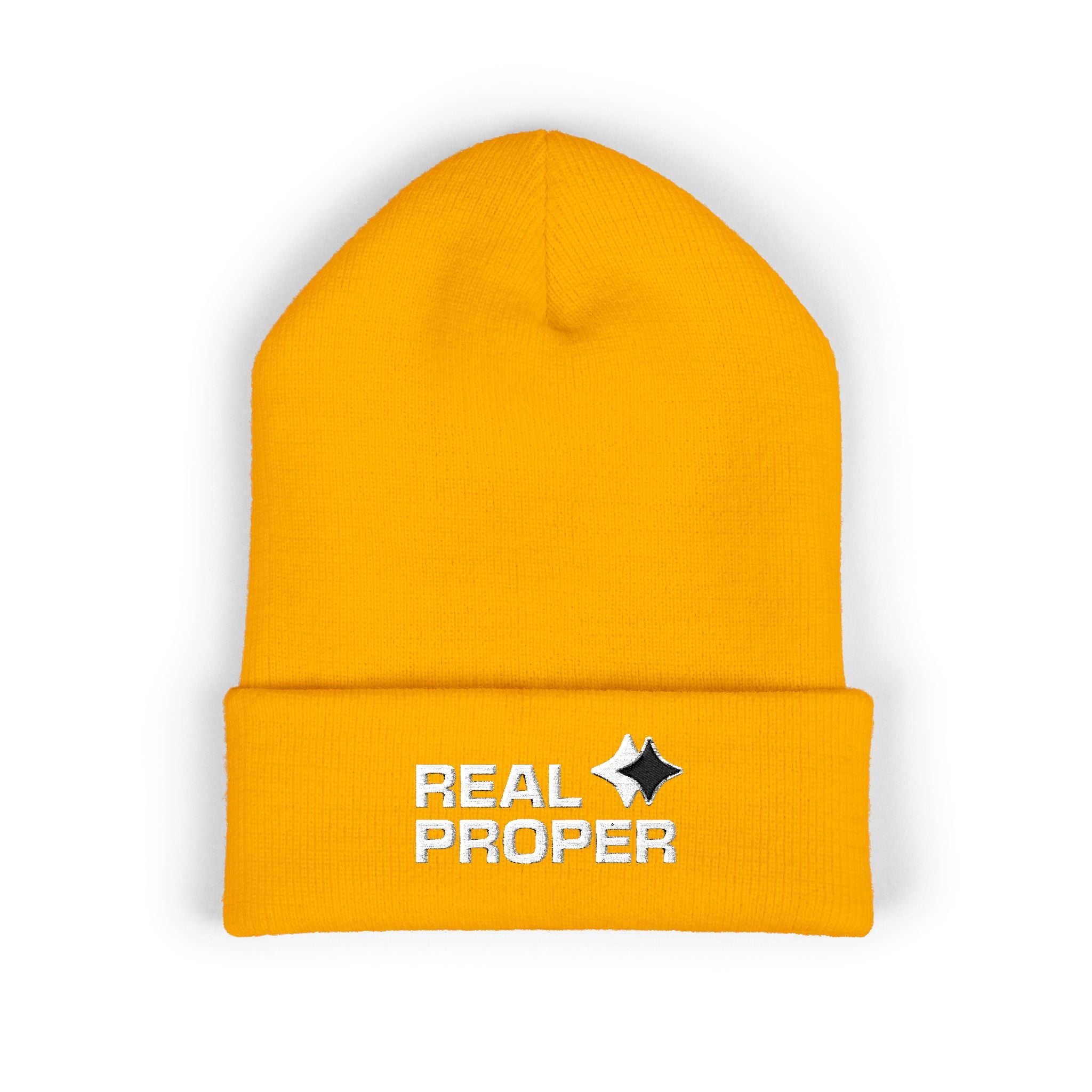 Embroidered 'Real Proper' Cuffed Beanie — Warm Knit Hat for Streetwear & Gifts