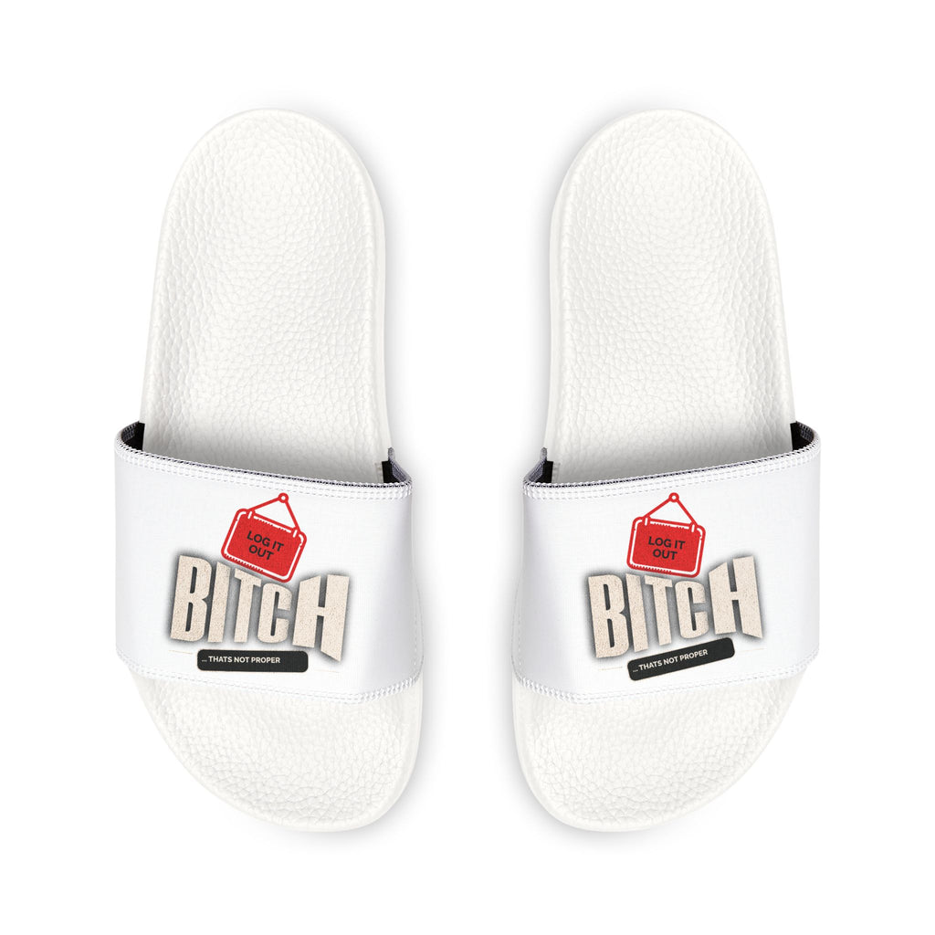 Women’s Slide Sandals — Removable-Strap White Slides with 'Log it out' Badge Accent