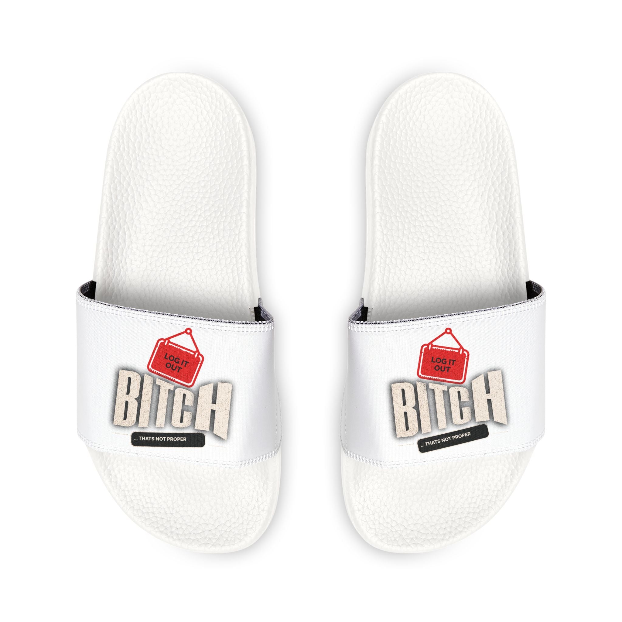 Women’s Slide Sandals — Removable-Strap White Slides with 'Log it out' Badge Accent
