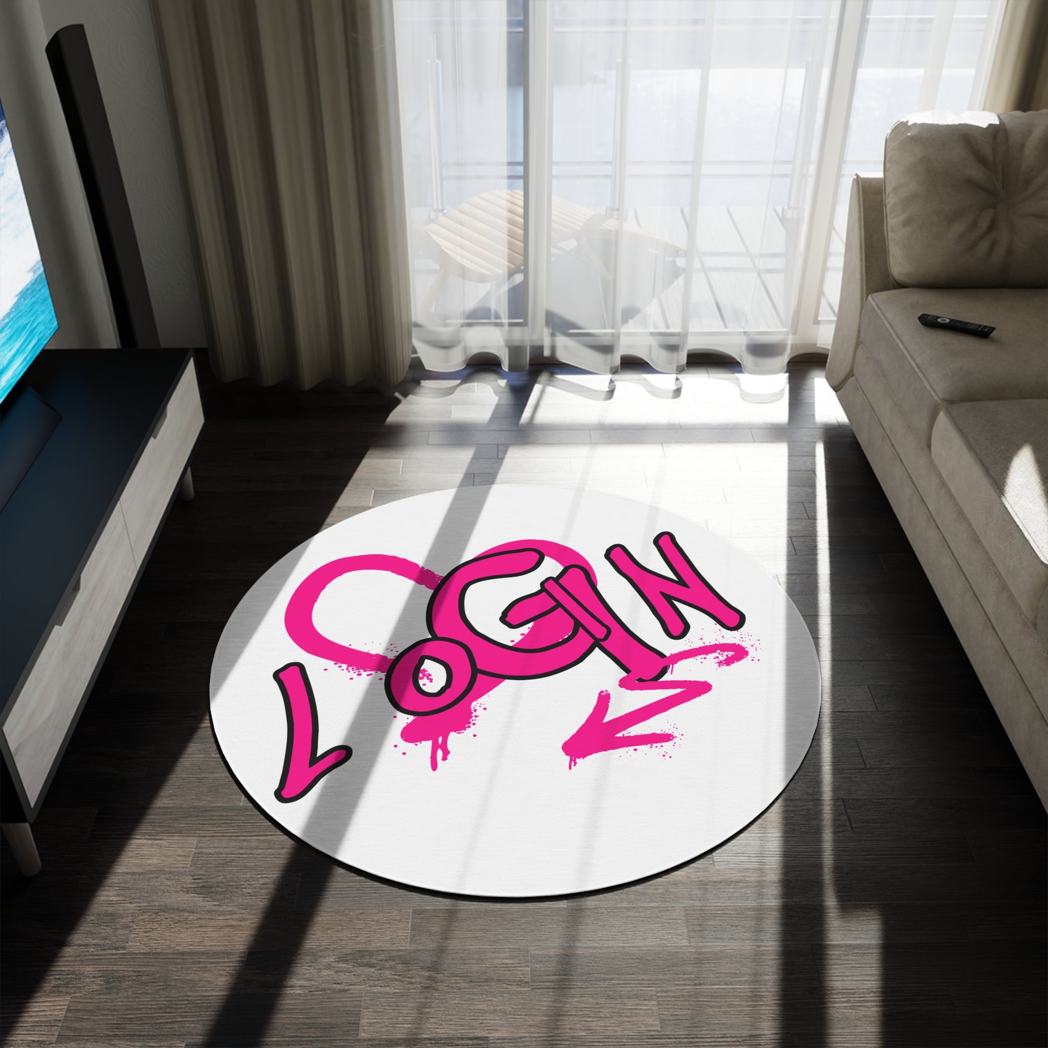 Round Rug — Pink Graffiti "LOGIN" Heart Accent Rug