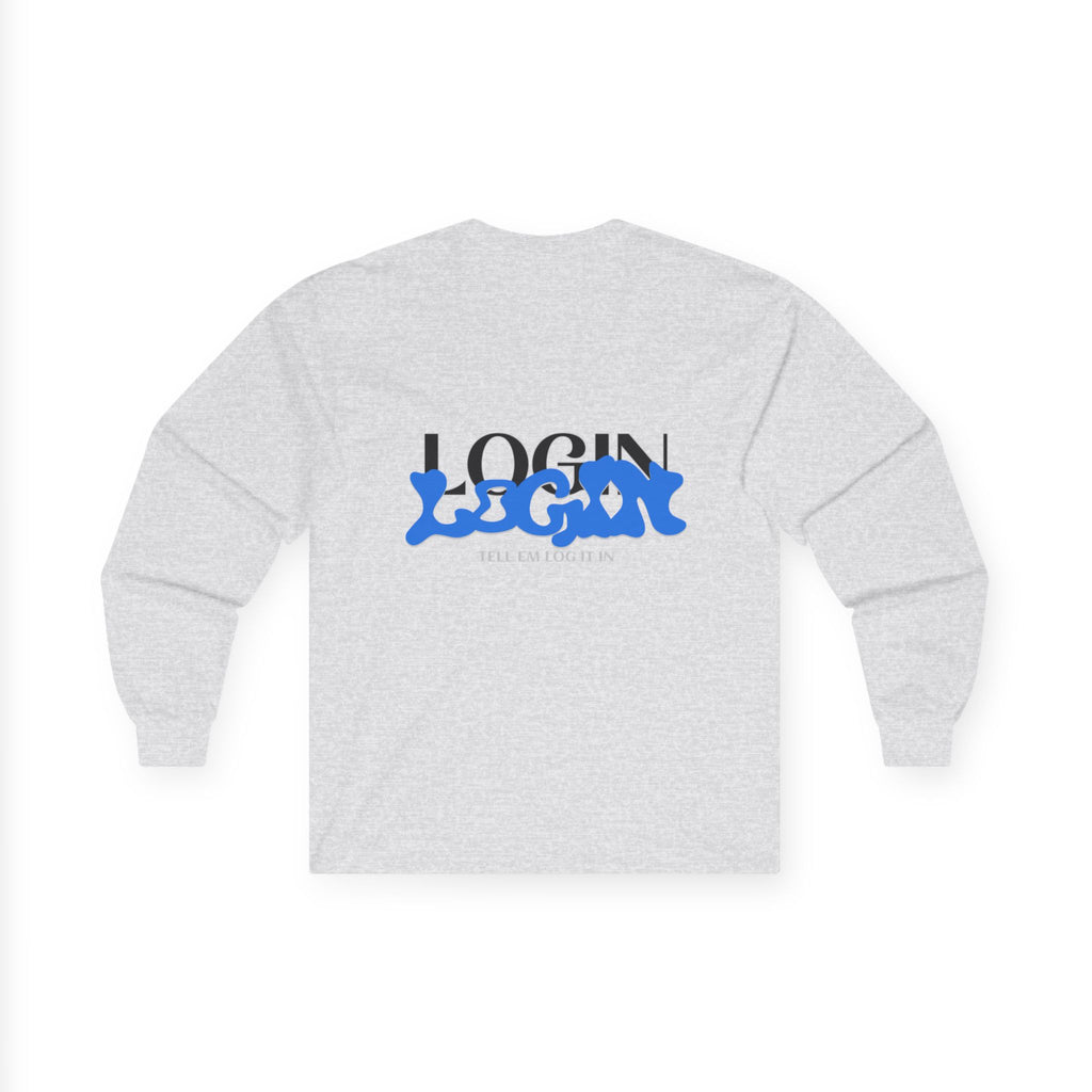 Long Sleeve Tee — "Login" Blue Script Graphic