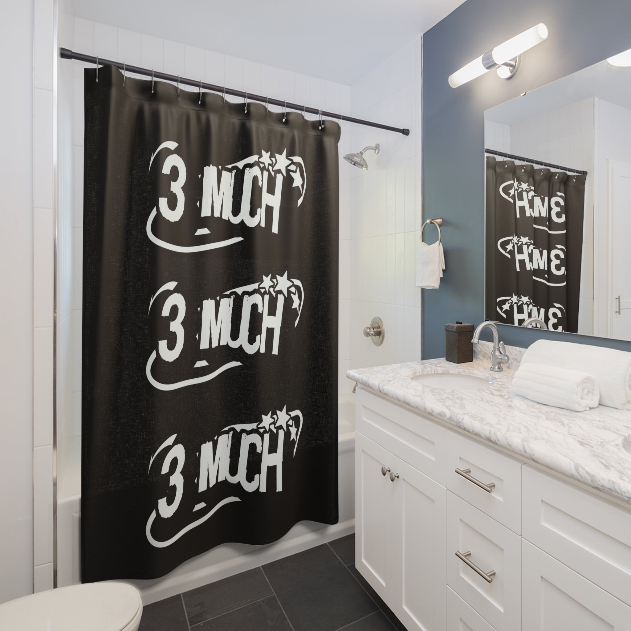 3 Much Black Graphic Shower Curtain — Bold Monochrome Bathroom Decor