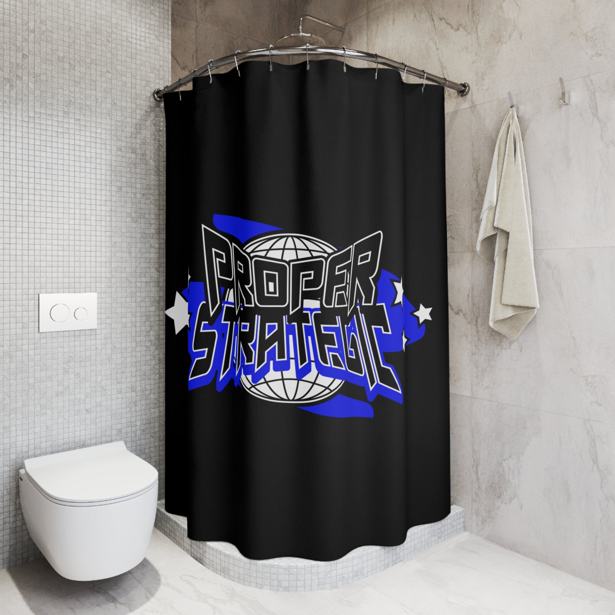 Proper Strategic Shower Curtain — Bold Retro Globe Graphic Bathroom Decor