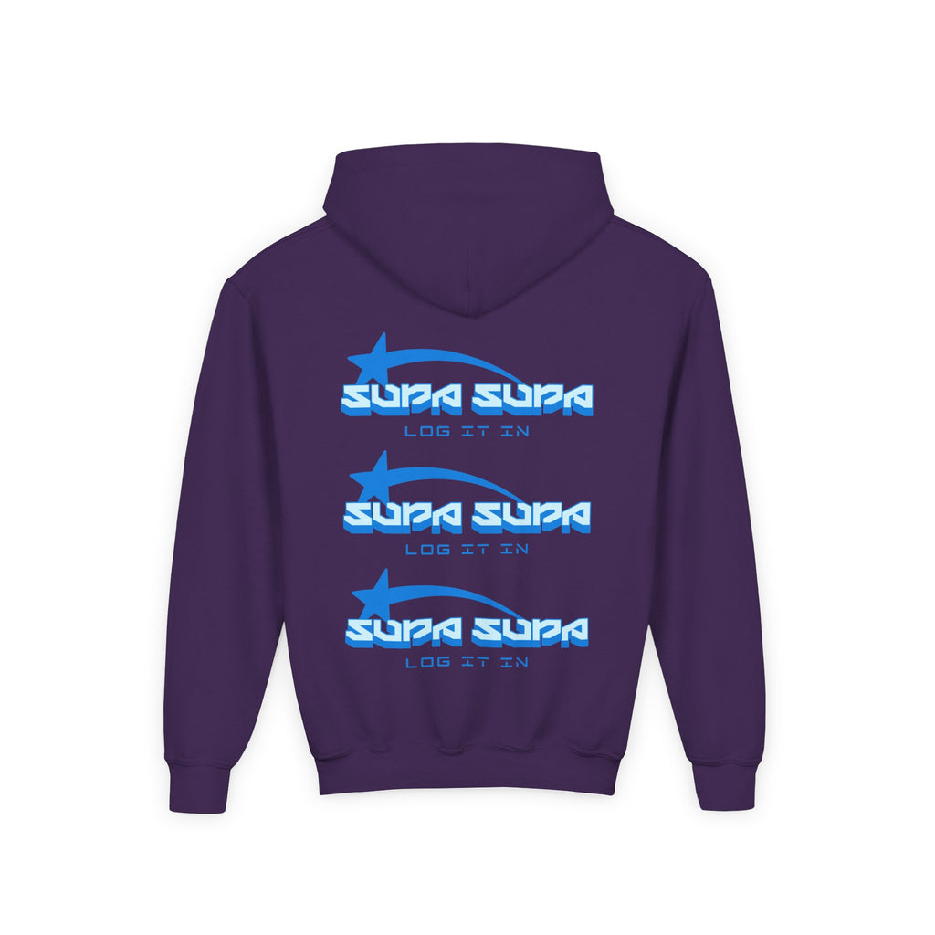Youth Hoodie - Retro Blue "Supa Supa" Logo "Log It In" Graphic