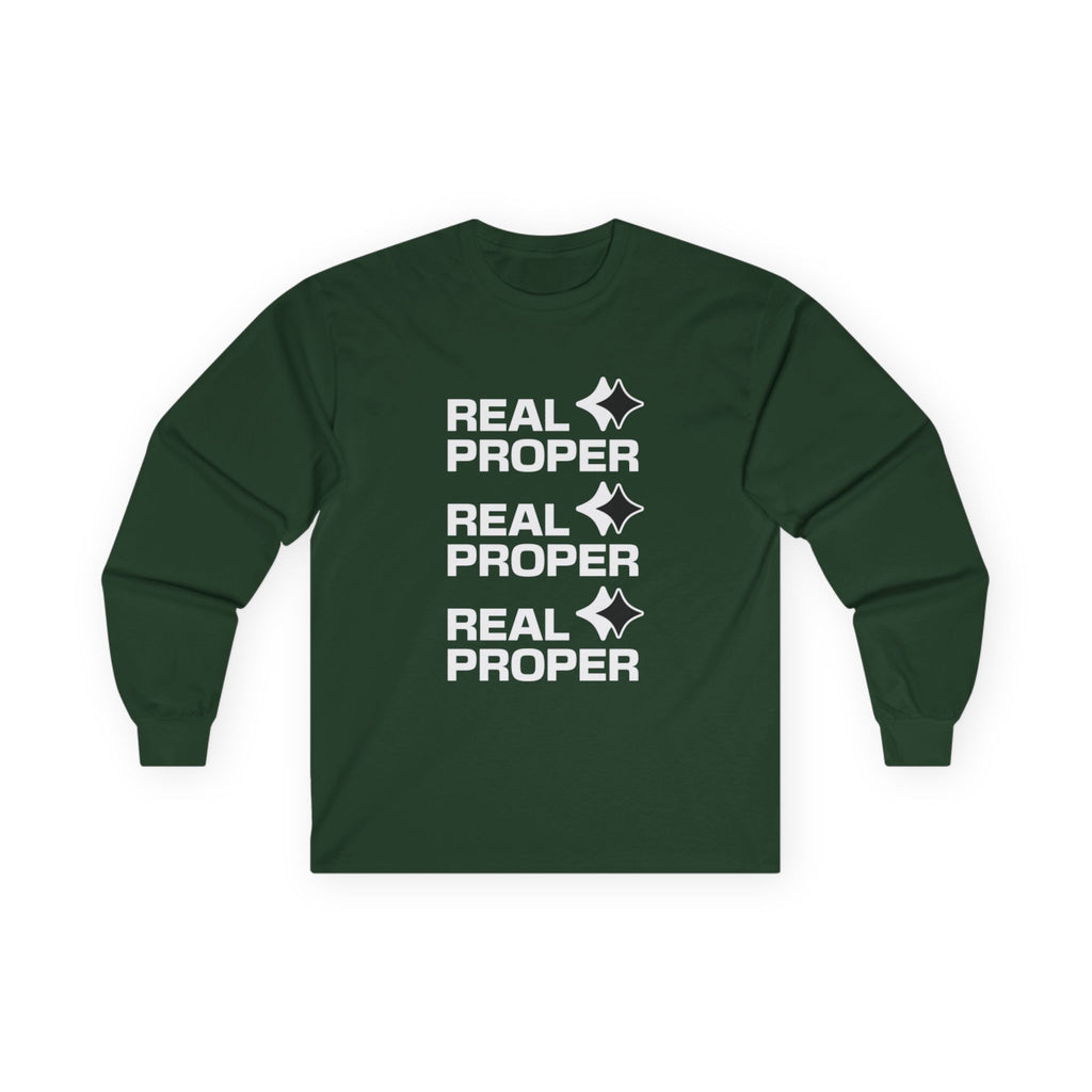 Long Sleeve Tee — "Real Proper" Minimal Graphic Cotton Shirt