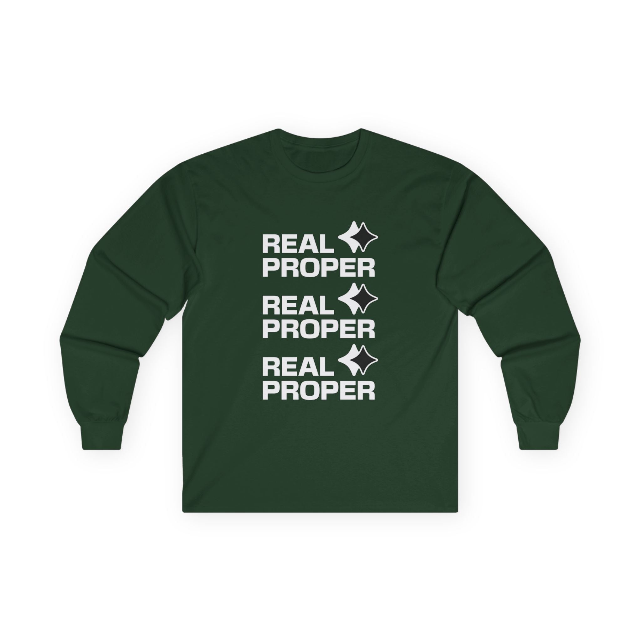 Long Sleeve Tee — "Real Proper" Minimal Graphic Cotton Shirt