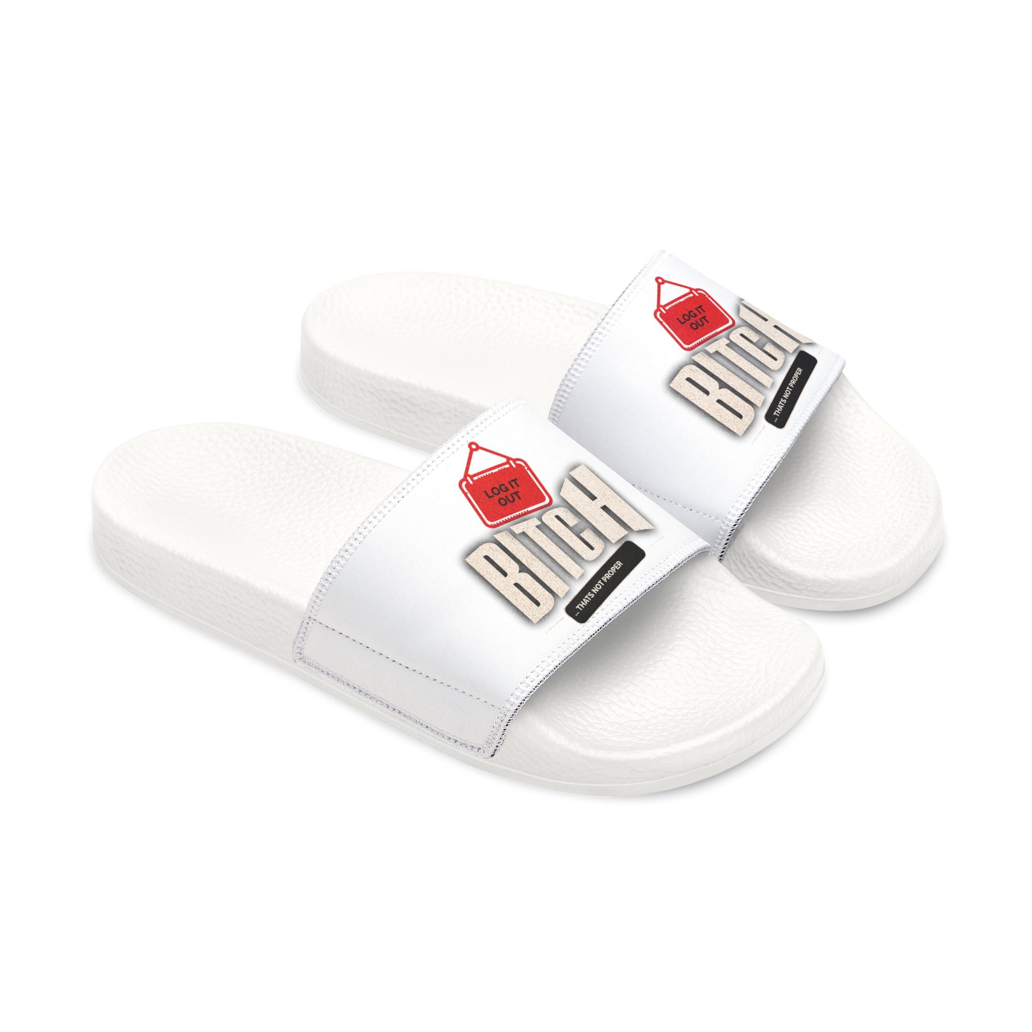 Mens Slide Sandals — White ‘Log it out’ Bold Graphic Strap Slides