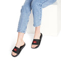 Women's Removable-Strap Sandals — Black Slide Sandals with "LOG IT OUT" Logo