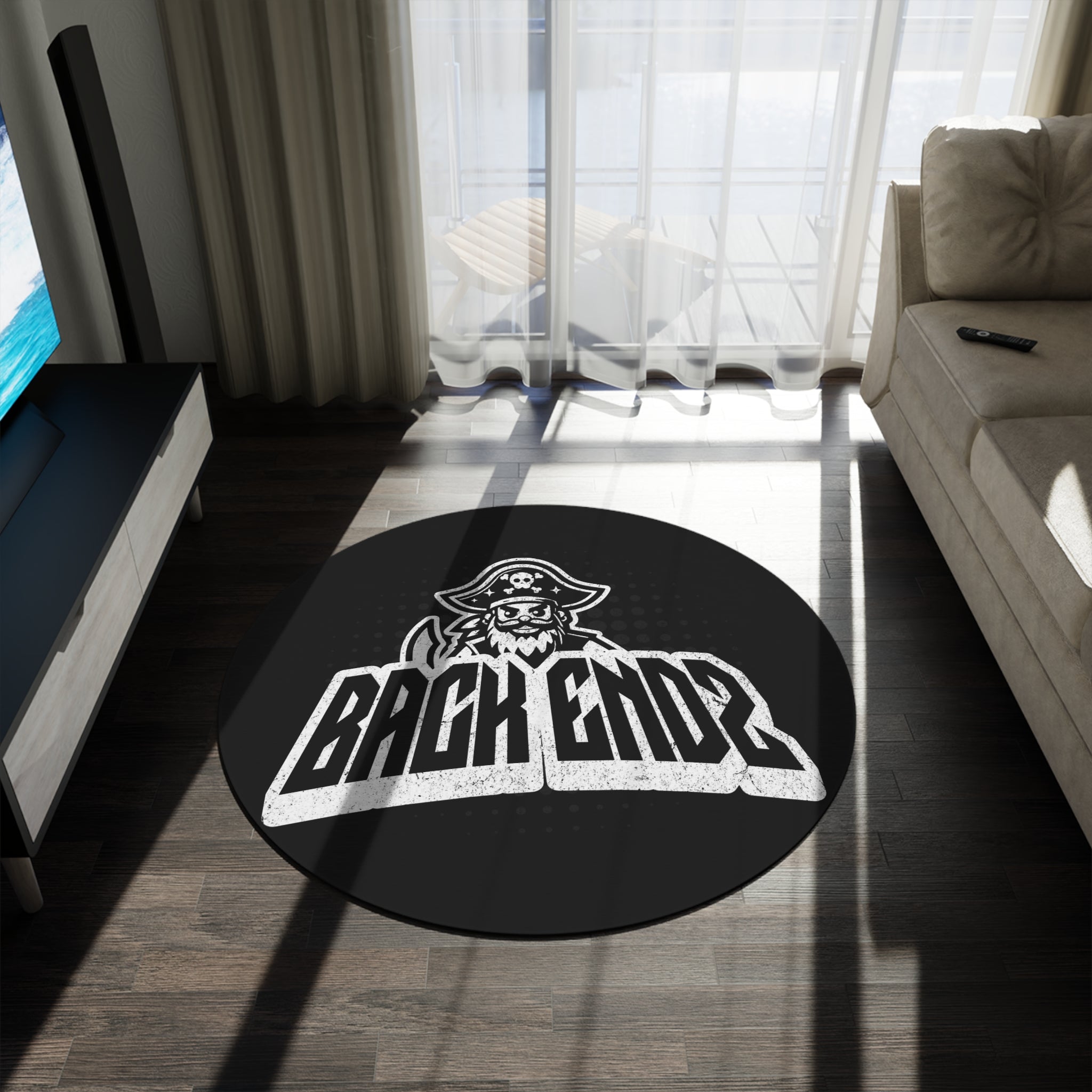 Pirate Logo Round Rug — "Back Endz" Black Floor Mat