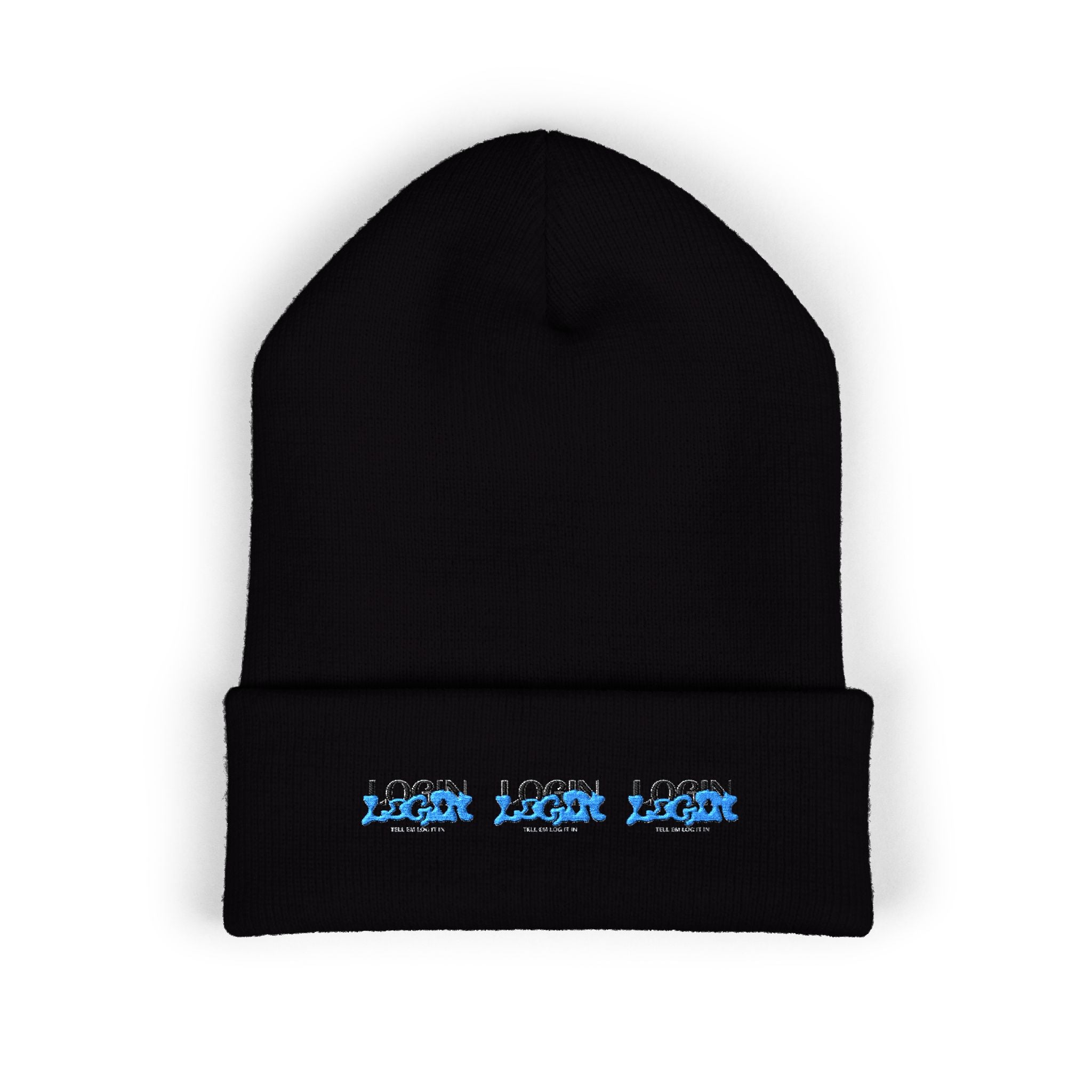 Embroidered 'Login' Cuffed Beanie — Minimal Winter Knit Hat