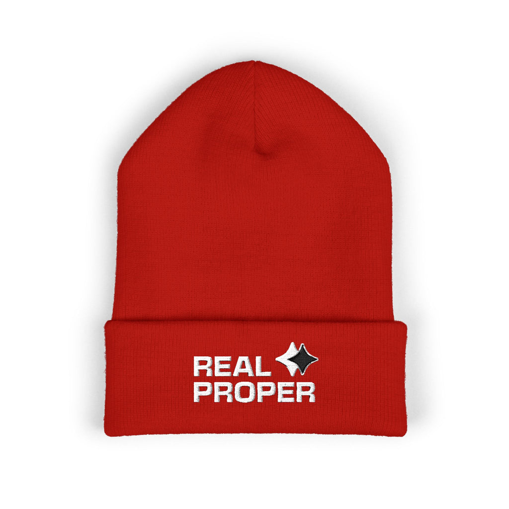 Embroidered 'Real Proper' Cuffed Beanie — Warm Knit Hat for Streetwear & Gifts