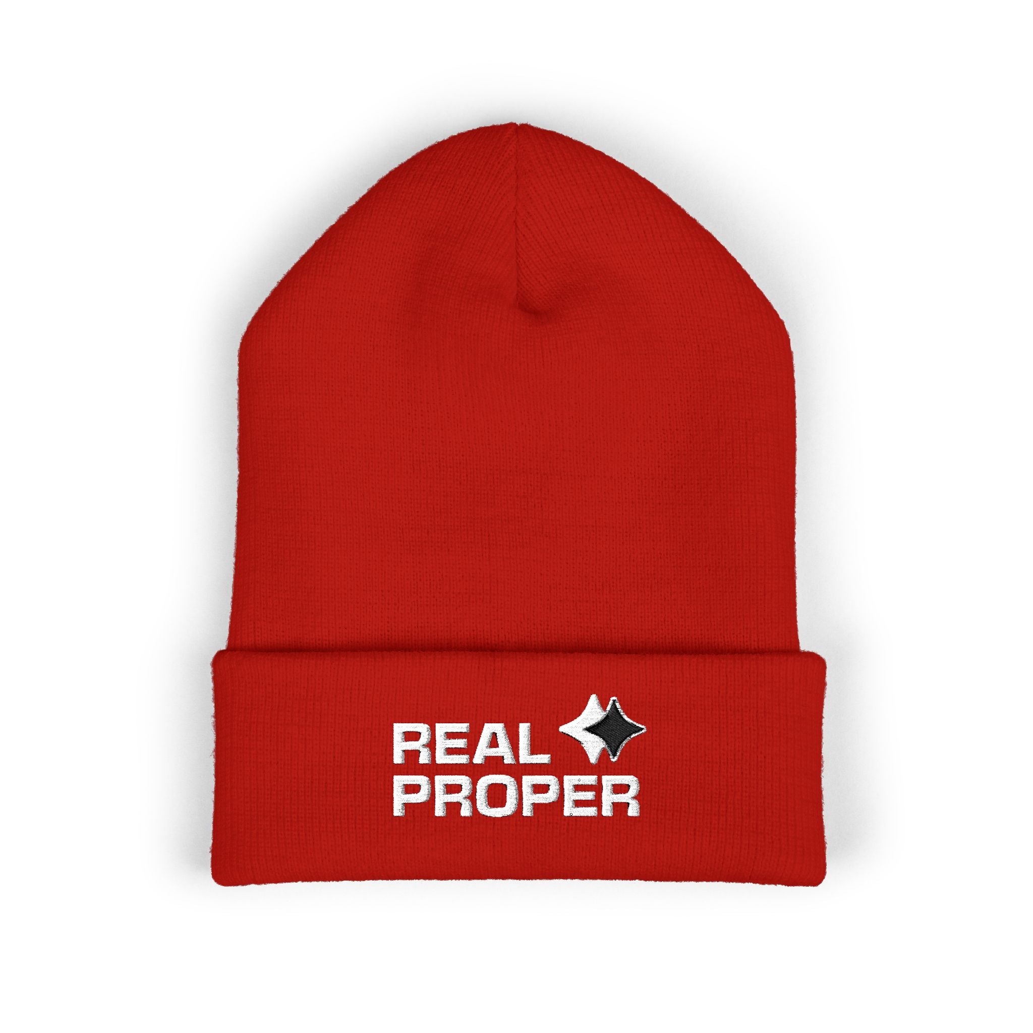 Embroidered 'Real Proper' Cuffed Beanie — Warm Knit Hat for Streetwear & Gifts