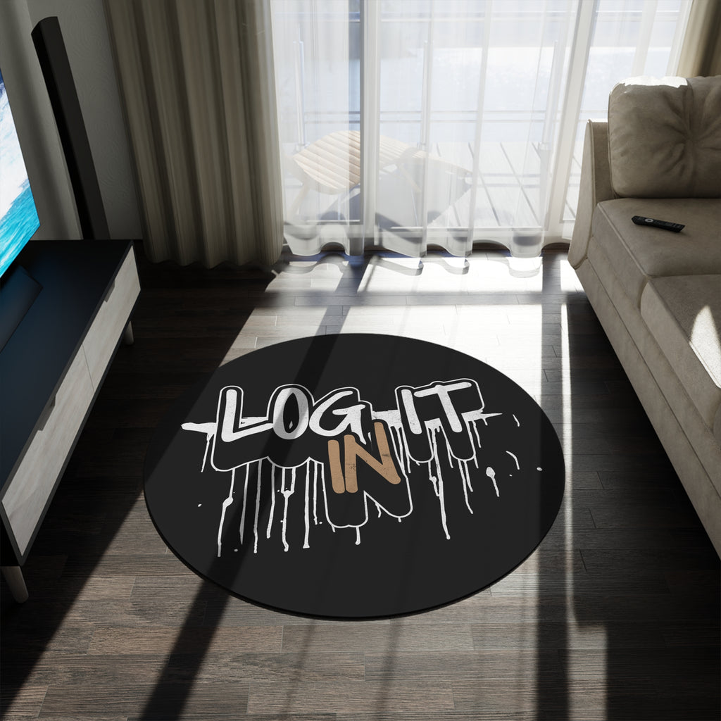 Round Rug — “Log In/Log Out” Graffiti Style Black Round Rug
