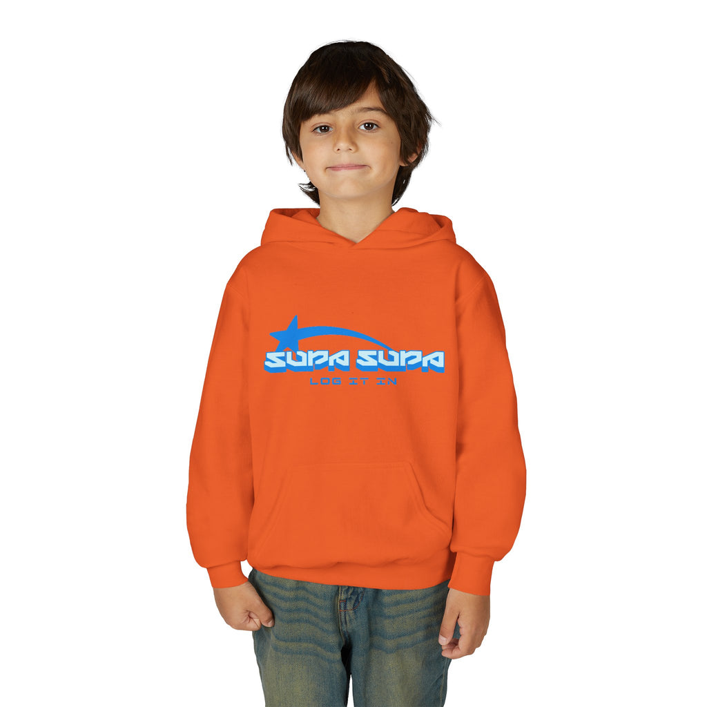 Youth Hoodie - Retro Blue "Supa Supa" Logo "Log It In" Graphic