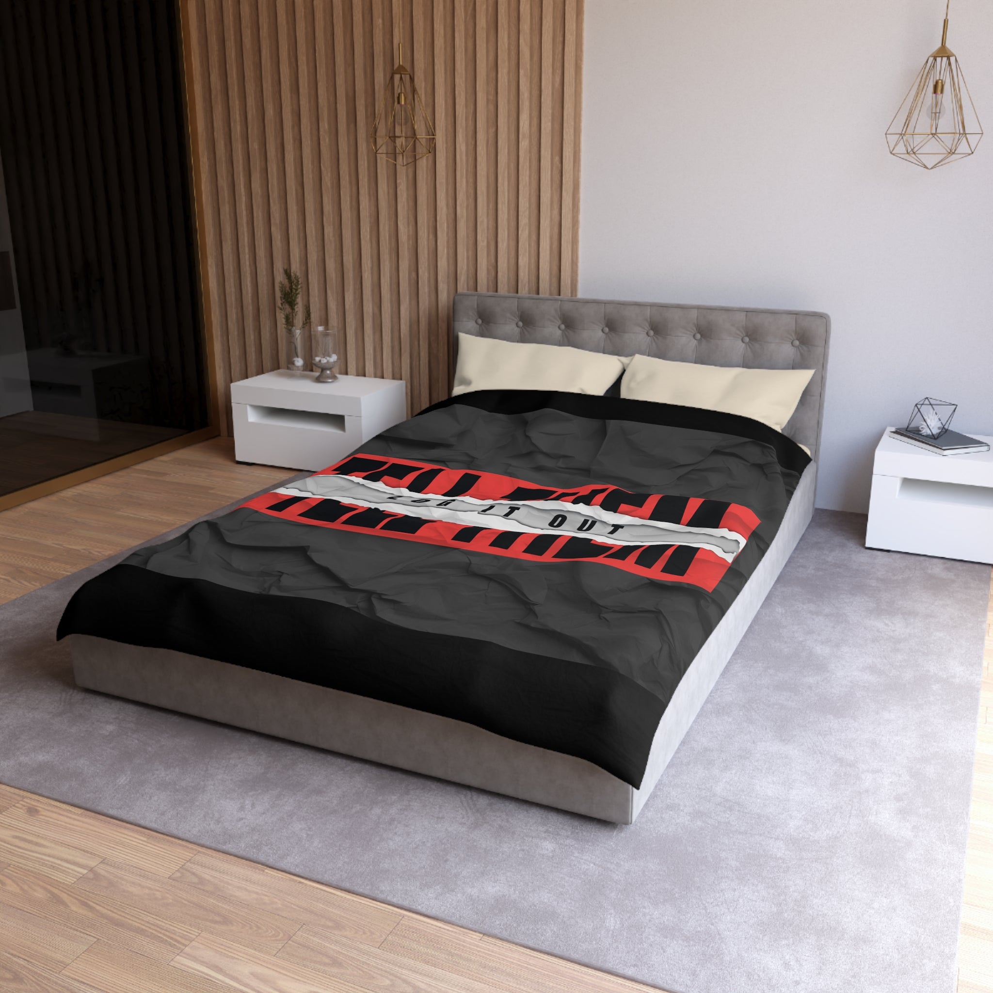 Duvet Cover — Bold 'Log It Out' Graphic Microfiber Duvet (Crinkled Black & Red)