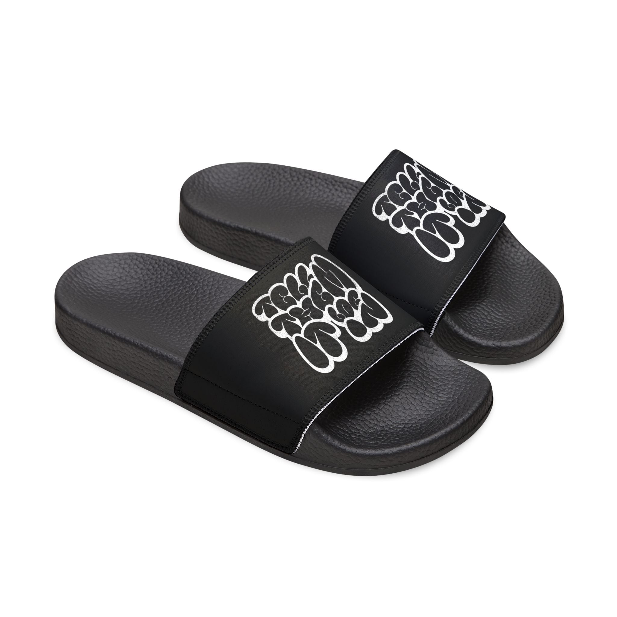 Slide Sandals — Men’s Black Strap Slides with White "LOG IT IN "Graffiti Text