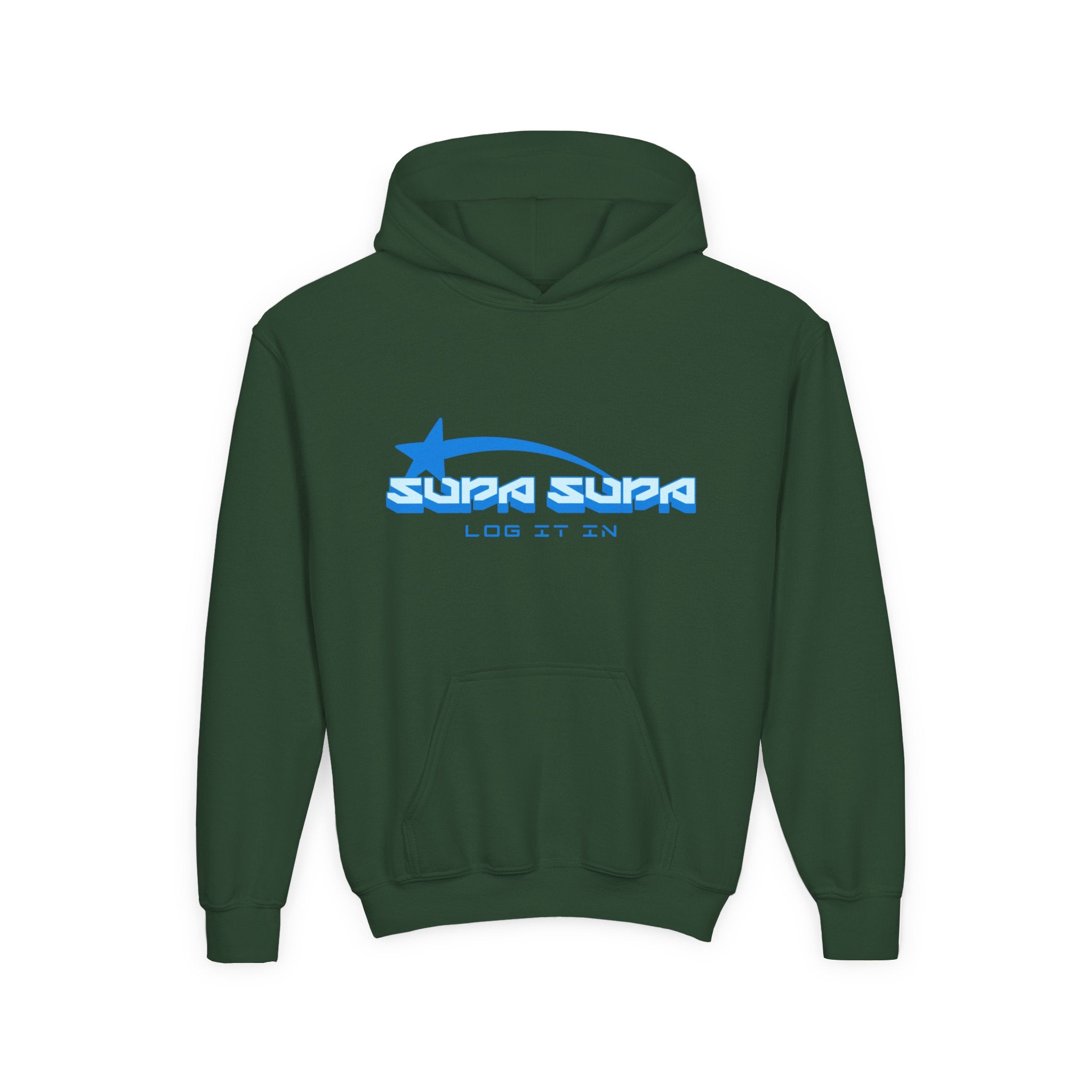 Youth Hoodie - Retro Blue "Supa Supa" Logo "Log It In" Graphic