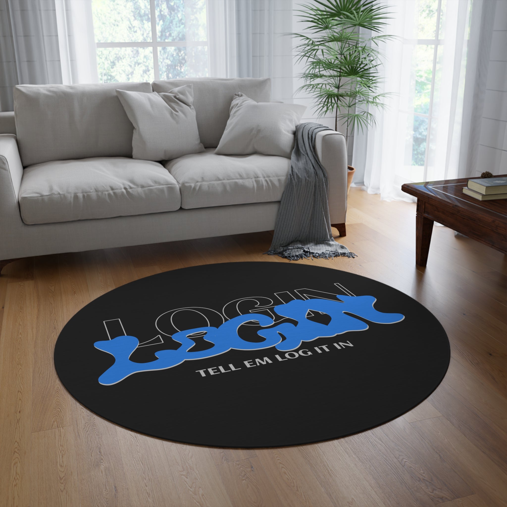 Round Rug — 'LOGIN' Graphic Round Rug with Blue Bubble Text, "Tell Em Log In" Accent