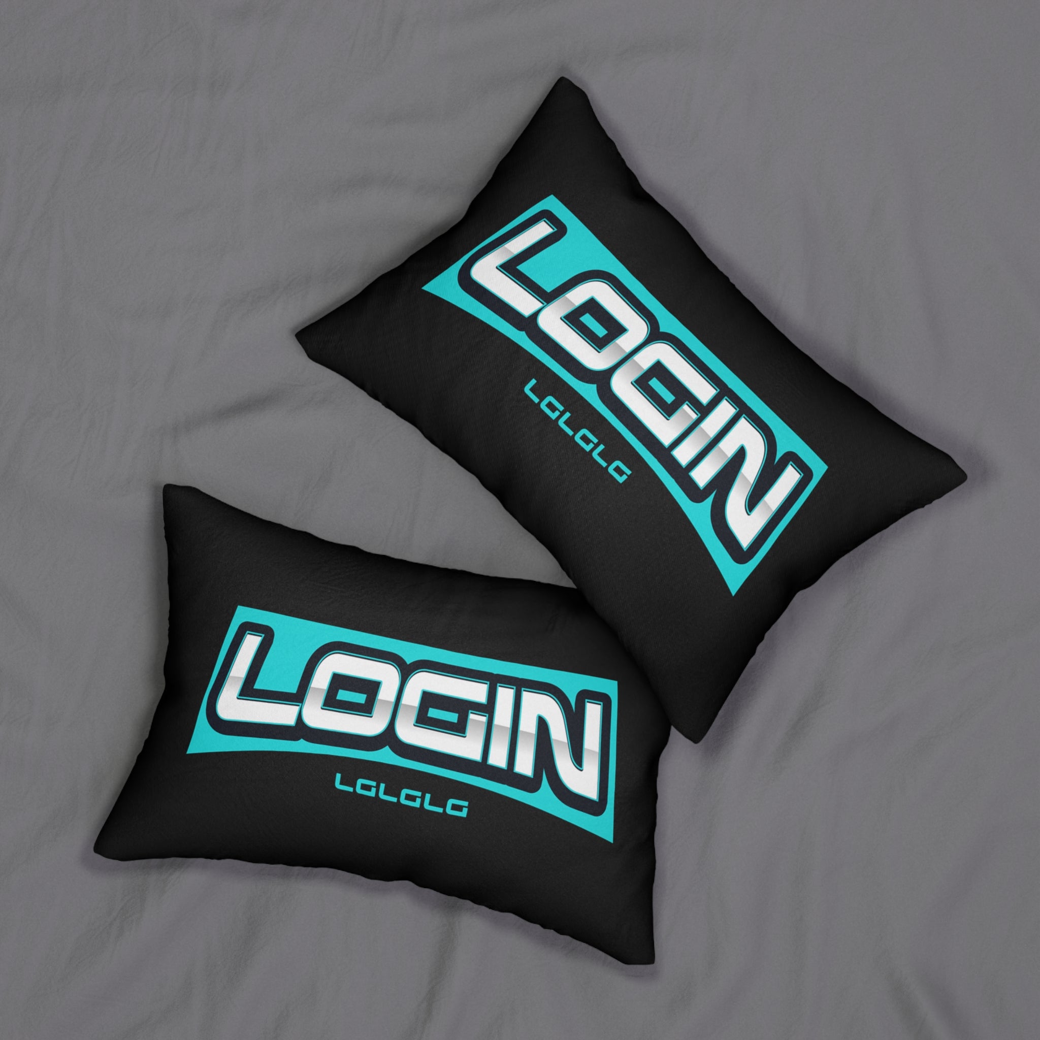 Login Gaming Lumbar Pillow — Teal Retro Logo Accent Pillow