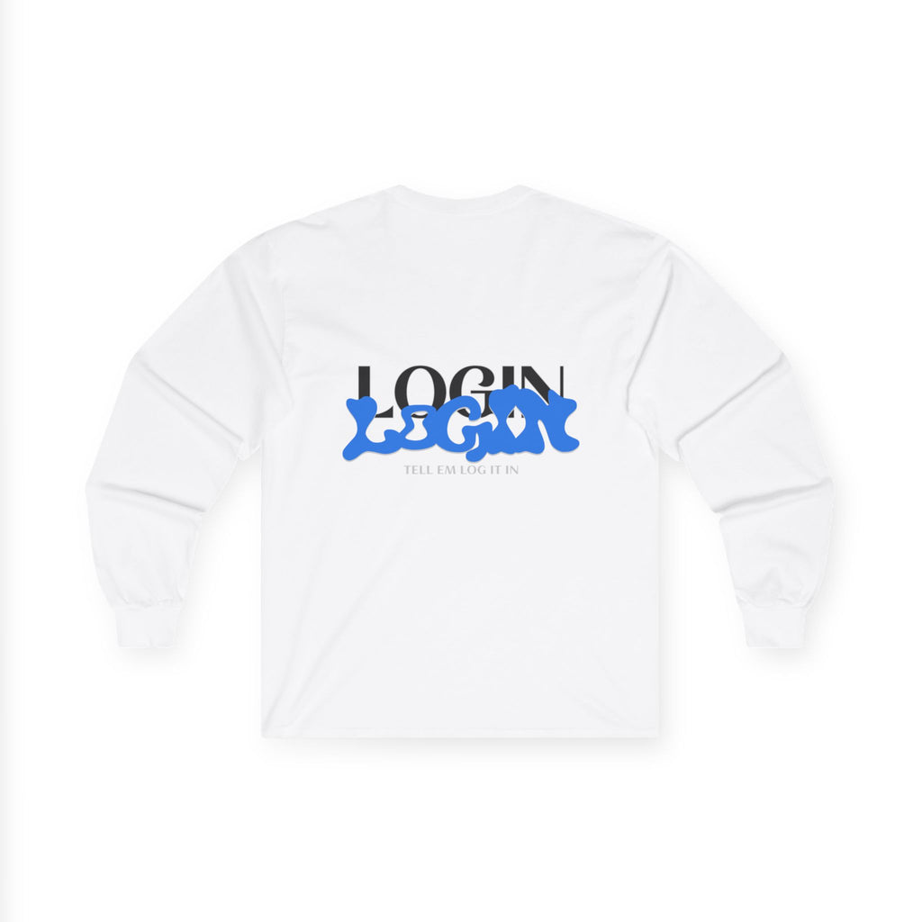 Long Sleeve Tee — "Login" Blue Script Graphic