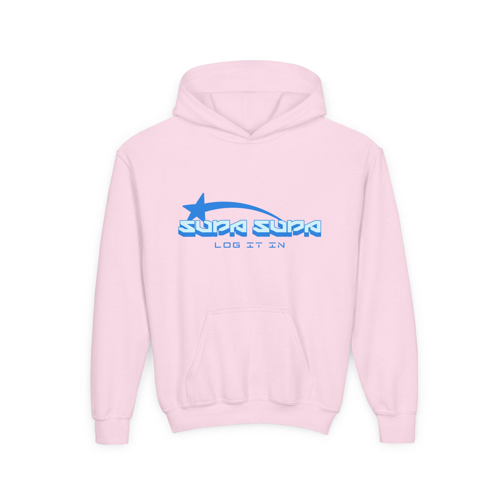 Youth Hoodie - Retro Blue "Supa Supa" Logo "Log It In" Graphic