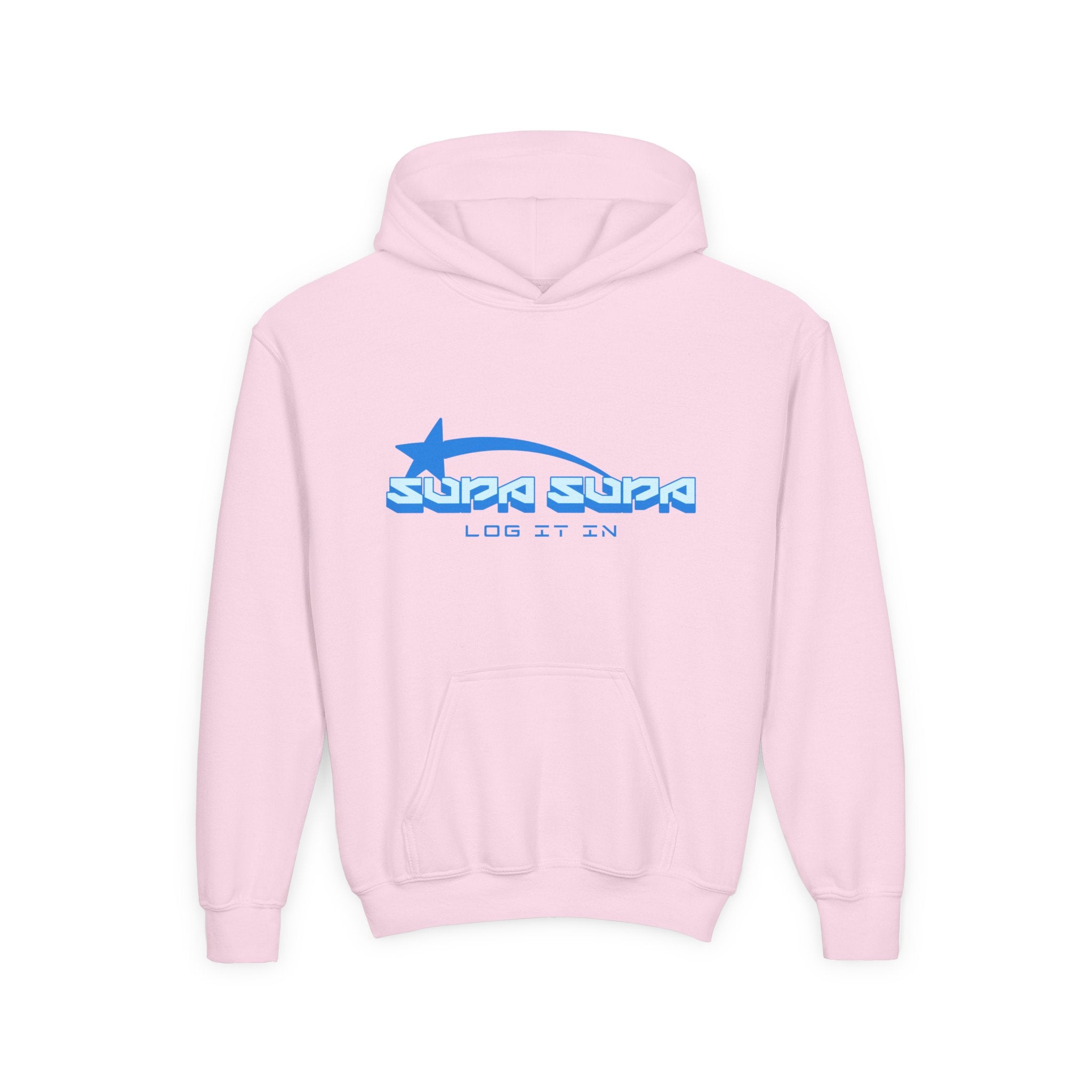 Youth Hoodie - Retro Blue "Supa Supa" Logo "Log It In" Graphic