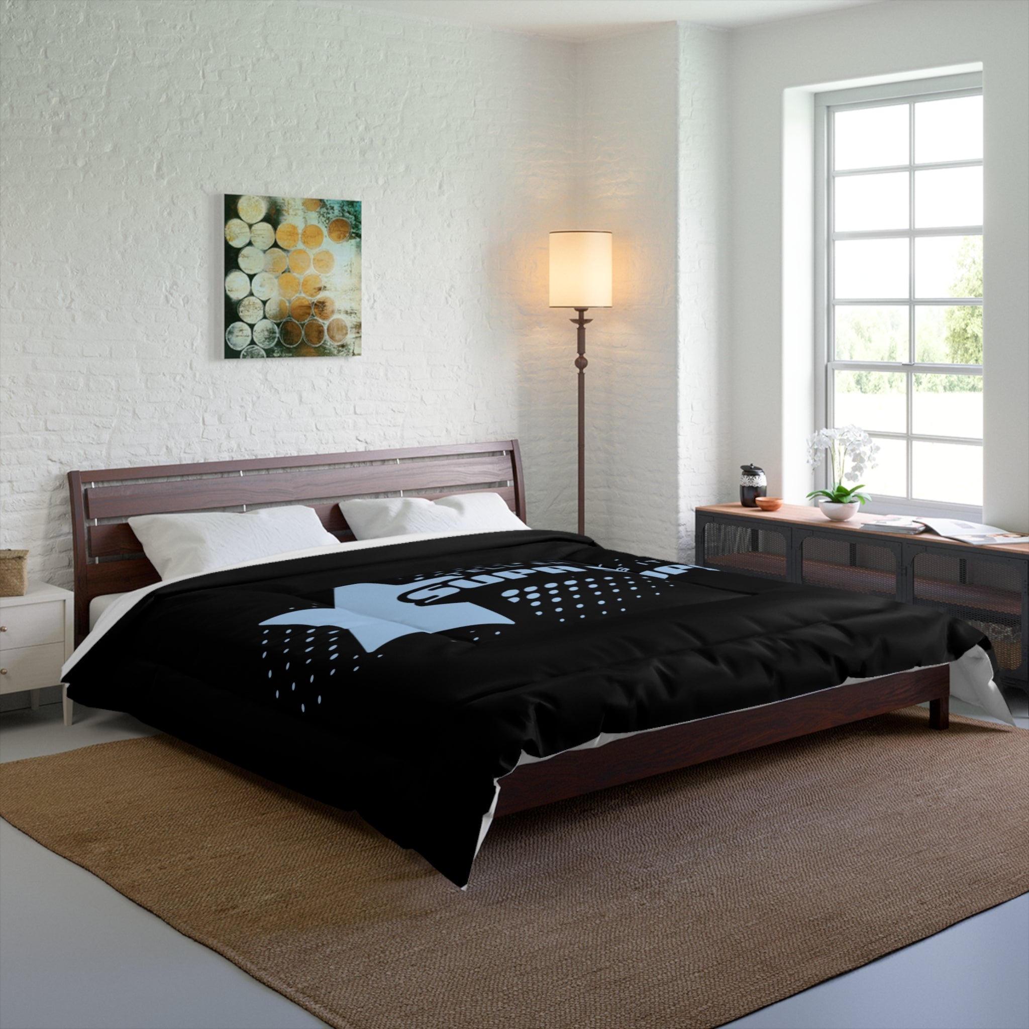 'tell em log it in' Star Comforter – Retro Graphic Black Bedding