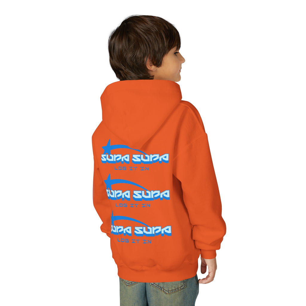 Youth Hoodie - Retro Blue "Supa Supa" Logo "Log It In" Graphic