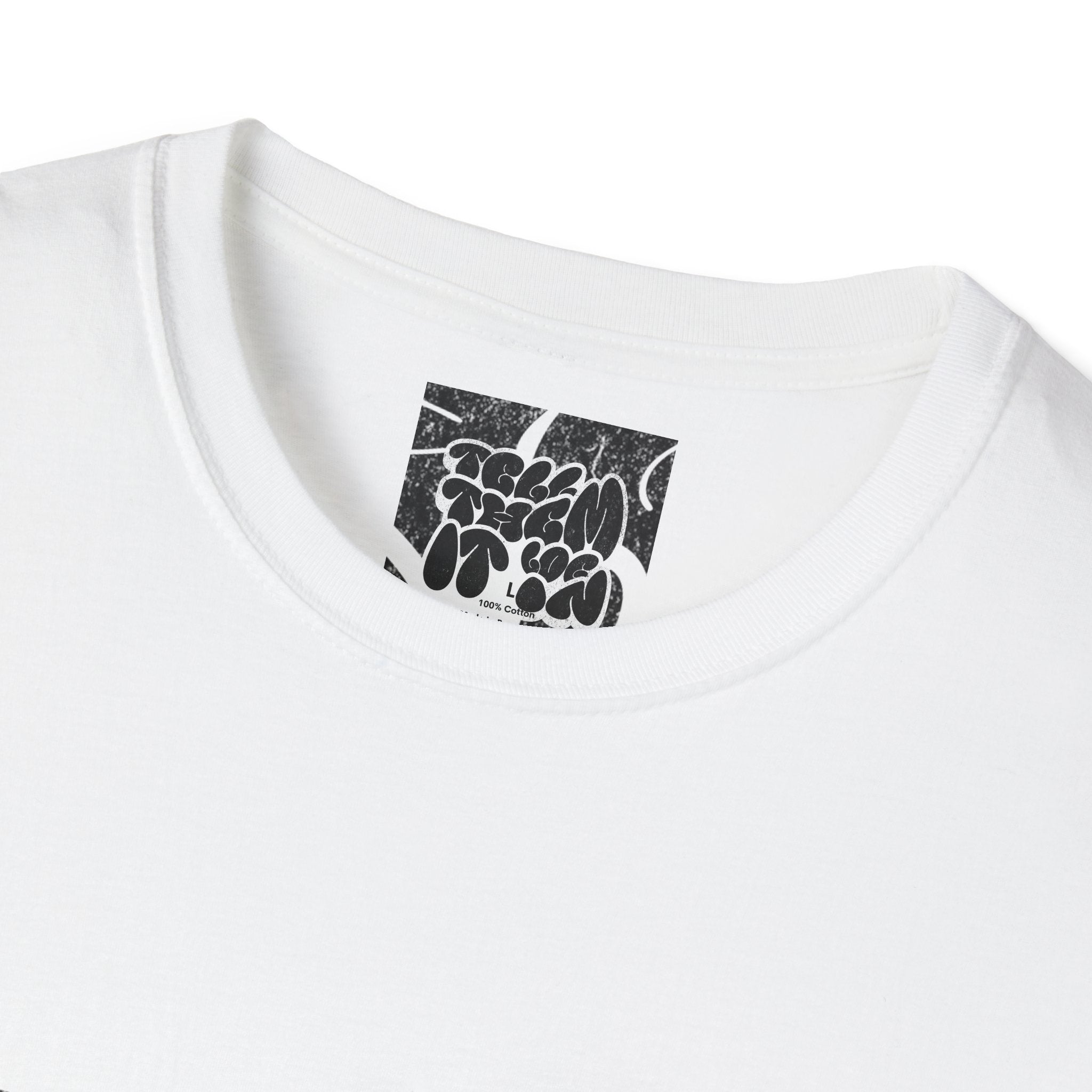 Abstract Bubble Letter Graphic "LOG IT IN" T-Shirt — Vintage Black Text Design