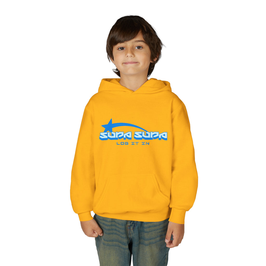 Youth Hoodie - Retro Blue "Supa Supa" Logo "Log It In" Graphic