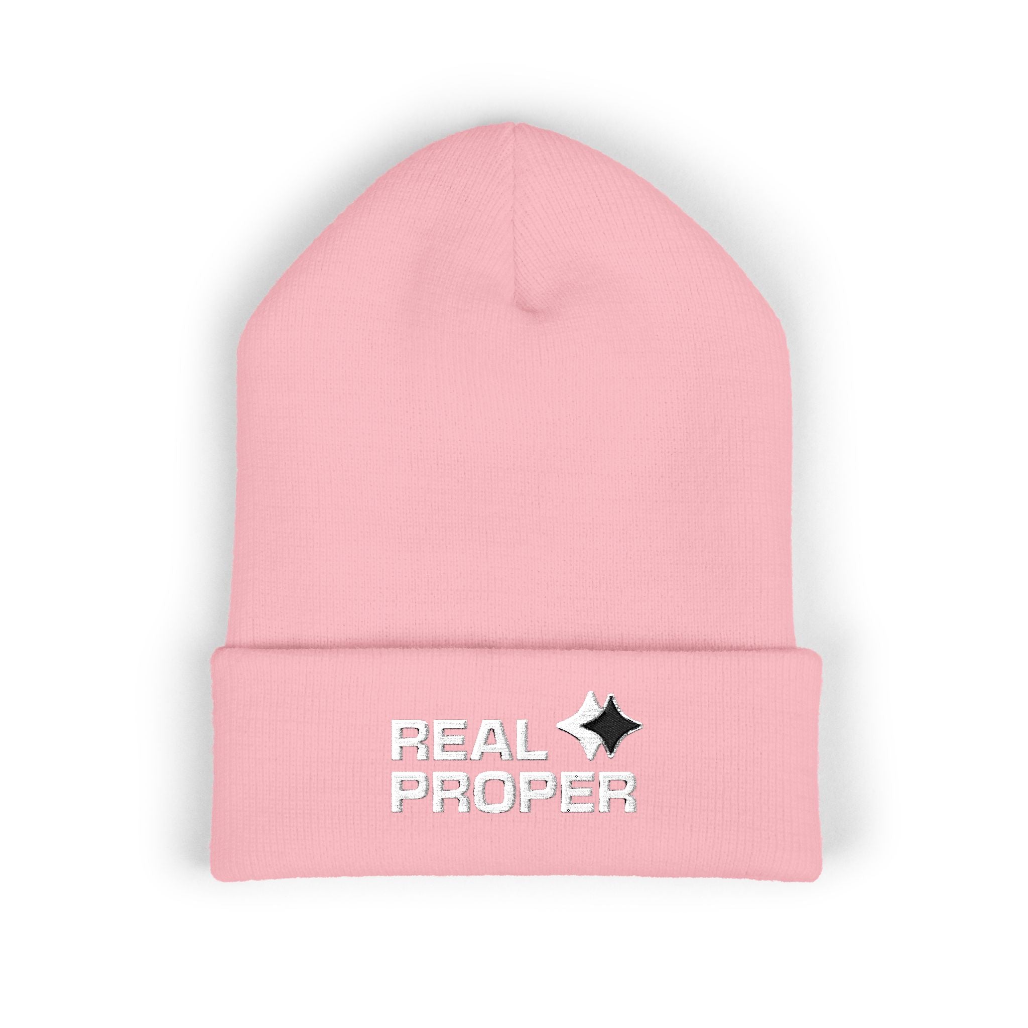 Embroidered 'Real Proper' Cuffed Beanie — Warm Knit Hat for Streetwear & Gifts