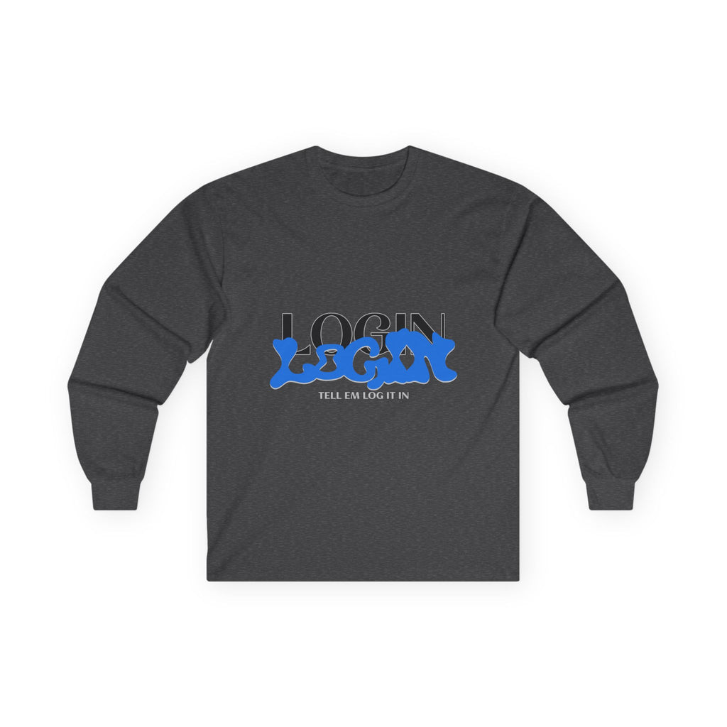 Long Sleeve Tee — "Login" Blue Script Graphic