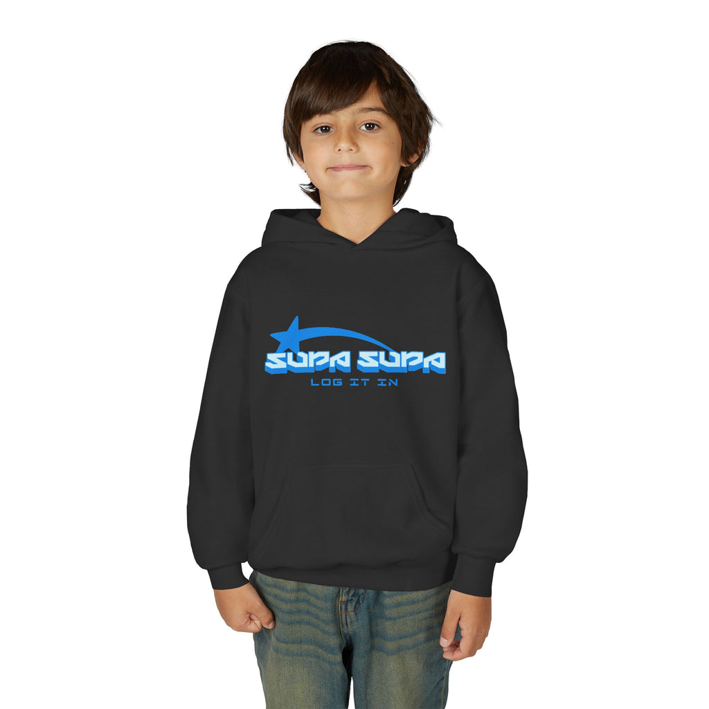 Youth Hoodie - Retro Blue "Supa Supa" Logo "Log It In" Graphic