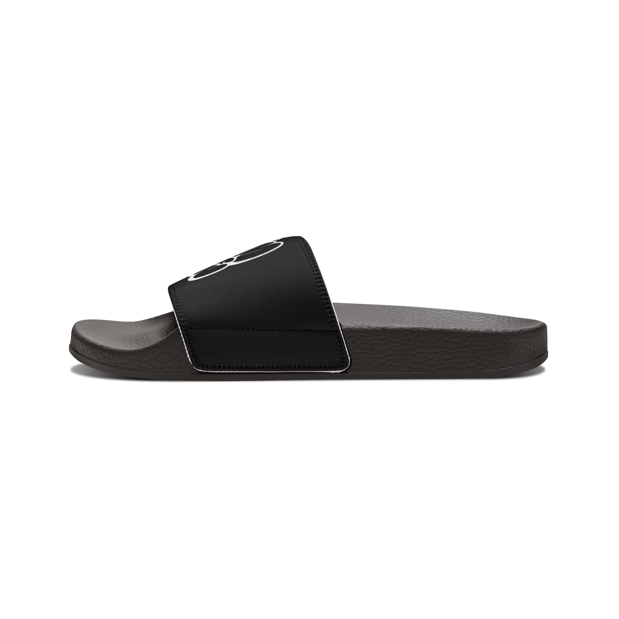 Slide Sandals — Men’s Black Strap Slides with White "LOG IT IN "Graffiti Text