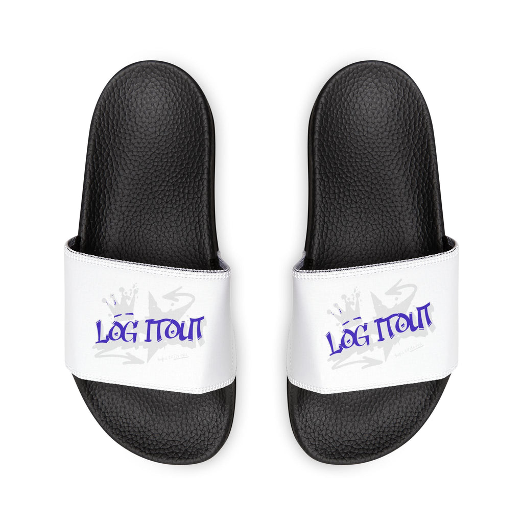 Men's Slide Sandals — White Removable-Strap Slides with 'Log it out' Graphic