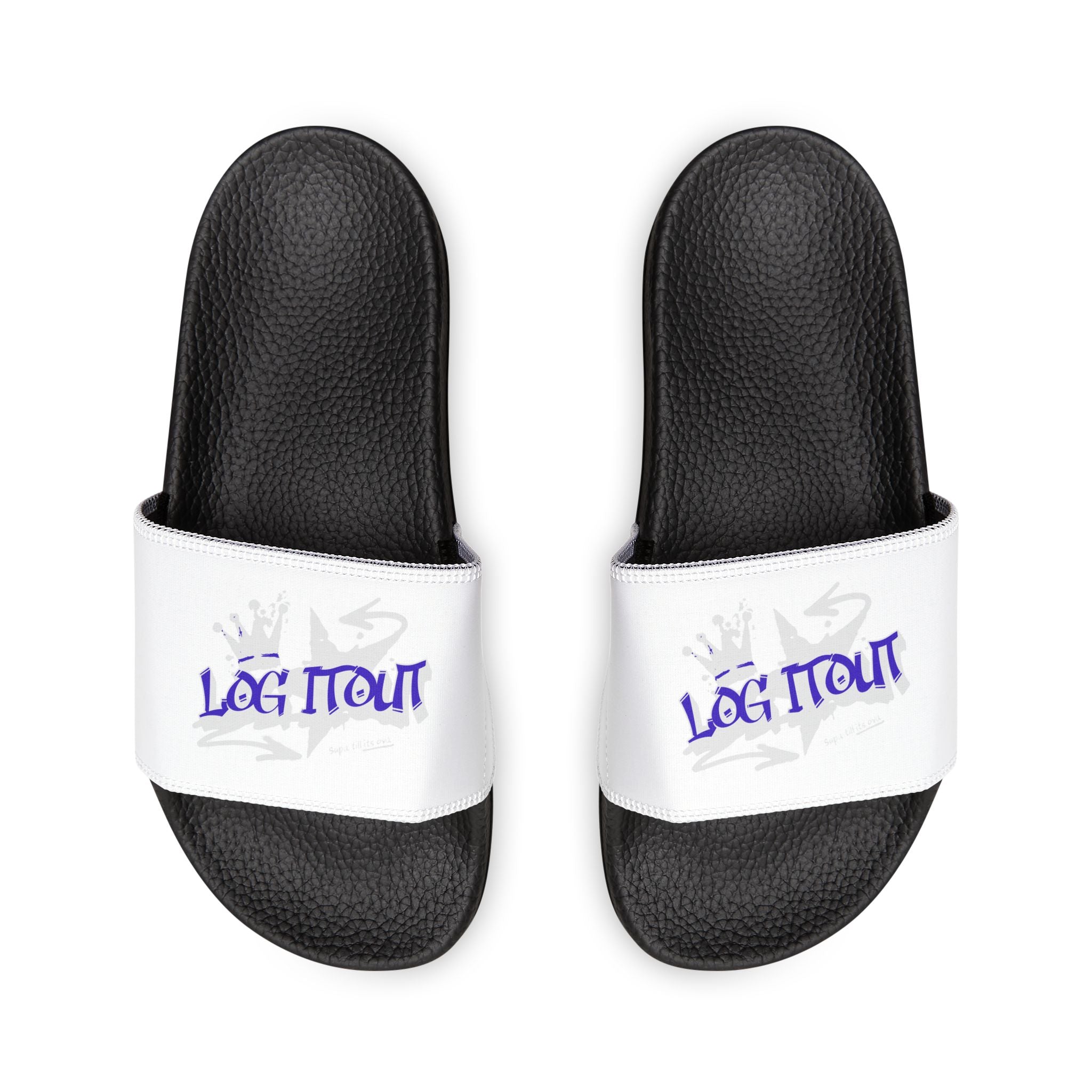Men's Slide Sandals — White Removable-Strap Slides with 'Log it out' Graphic