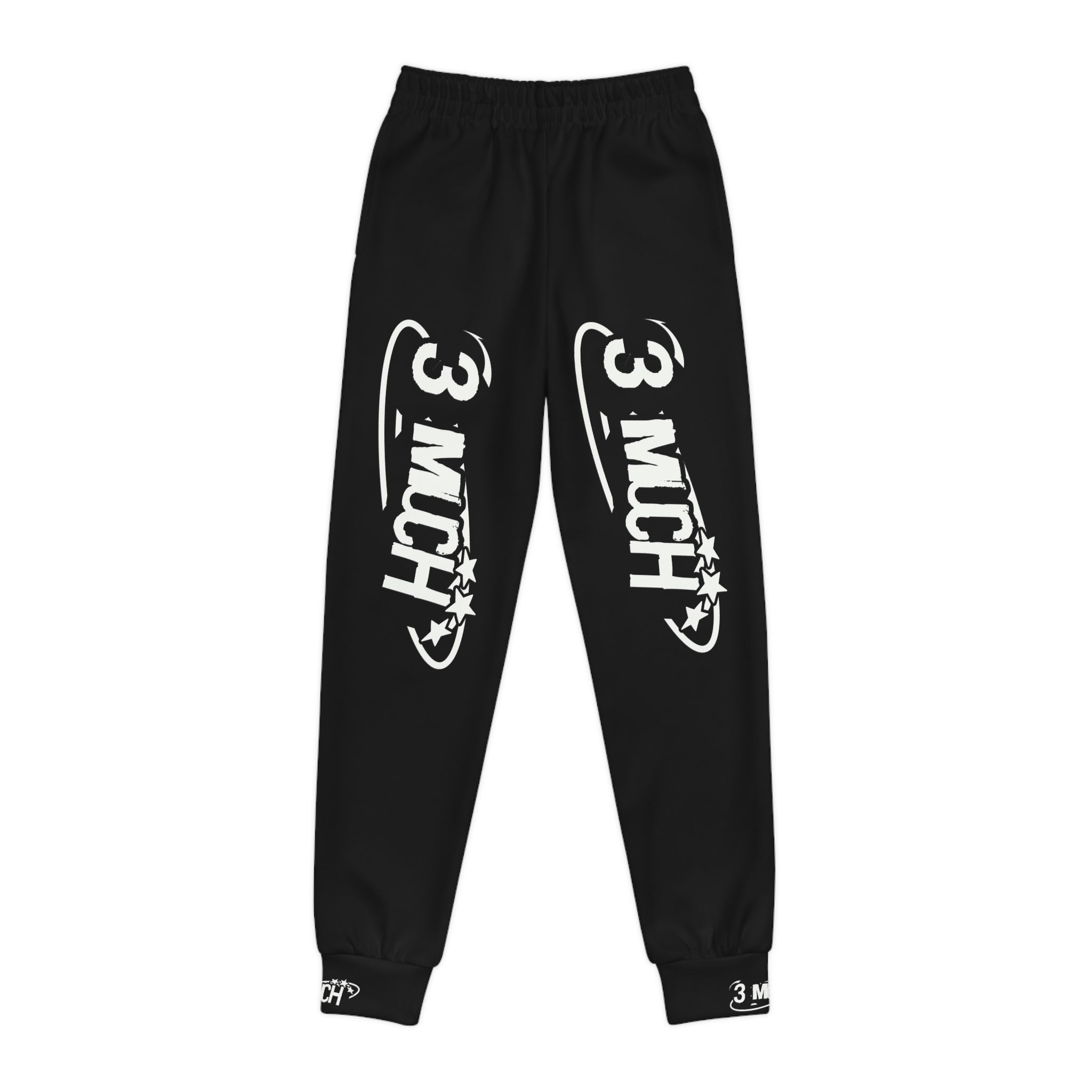 Youth Joggers — Black “3 MUCH” Graphic Sweatpants for Kids