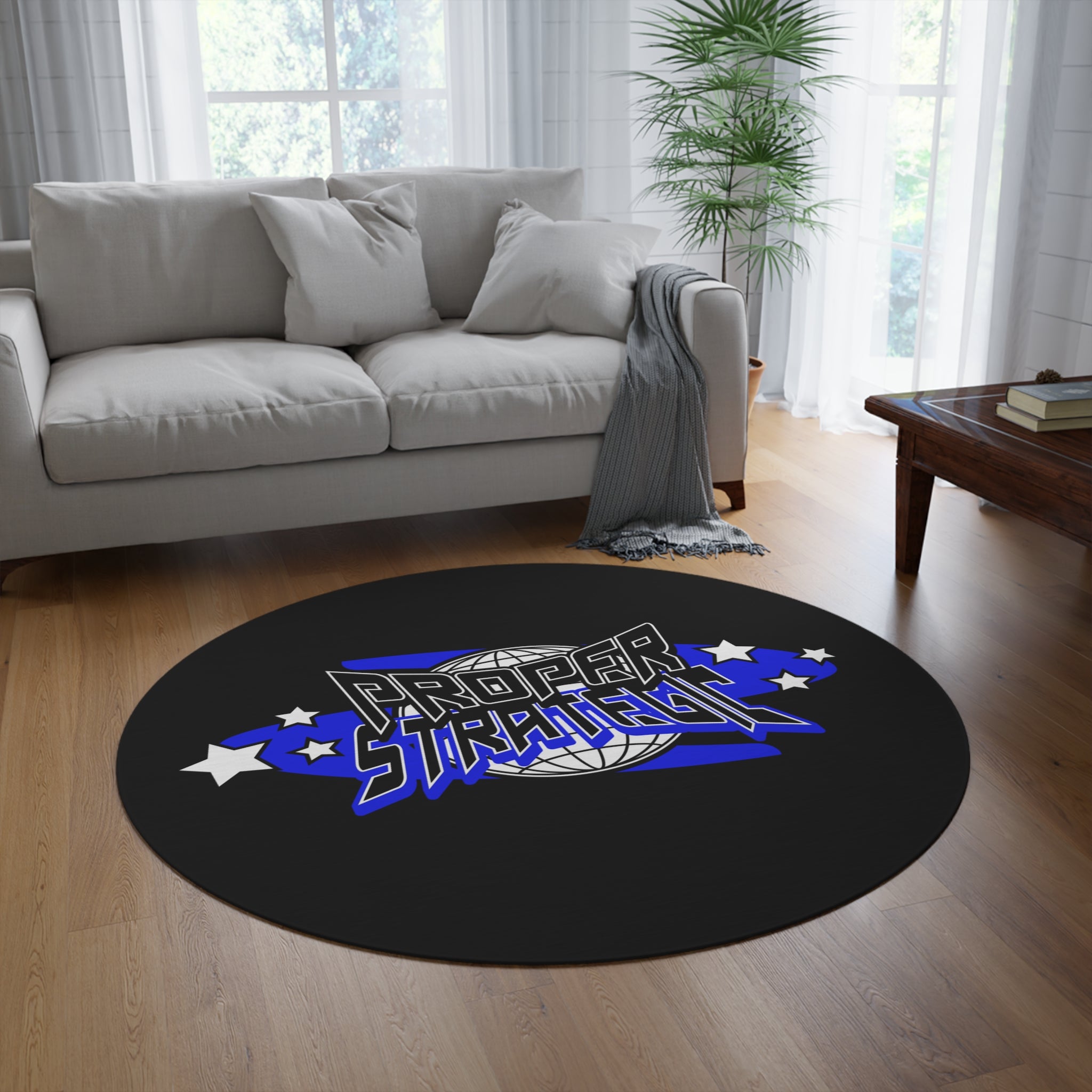 Round Rug — 'Proper Strategic' Retro Space Logo Floor Mat