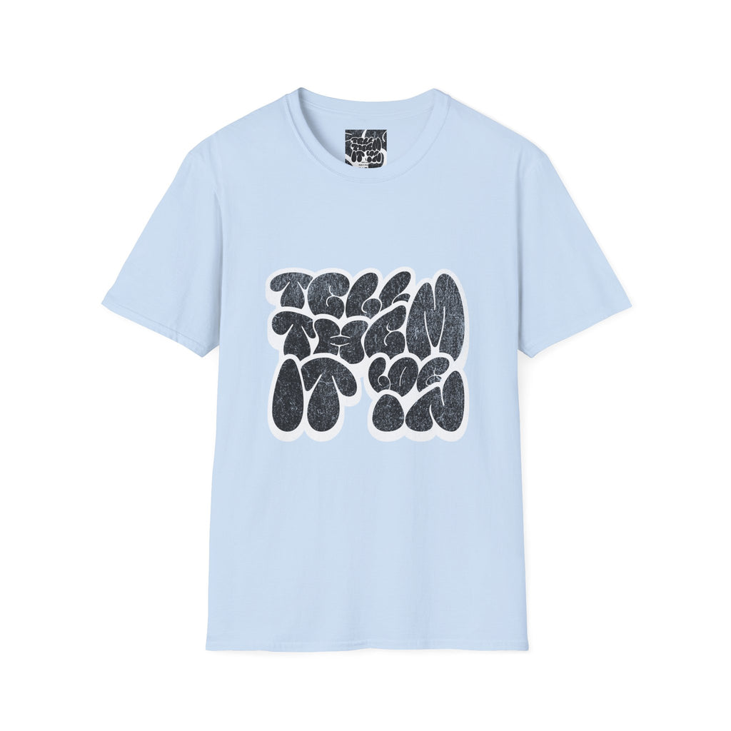 Abstract Bubble Letter Graphic "LOG IT IN" T-Shirt — Vintage Black Text Design