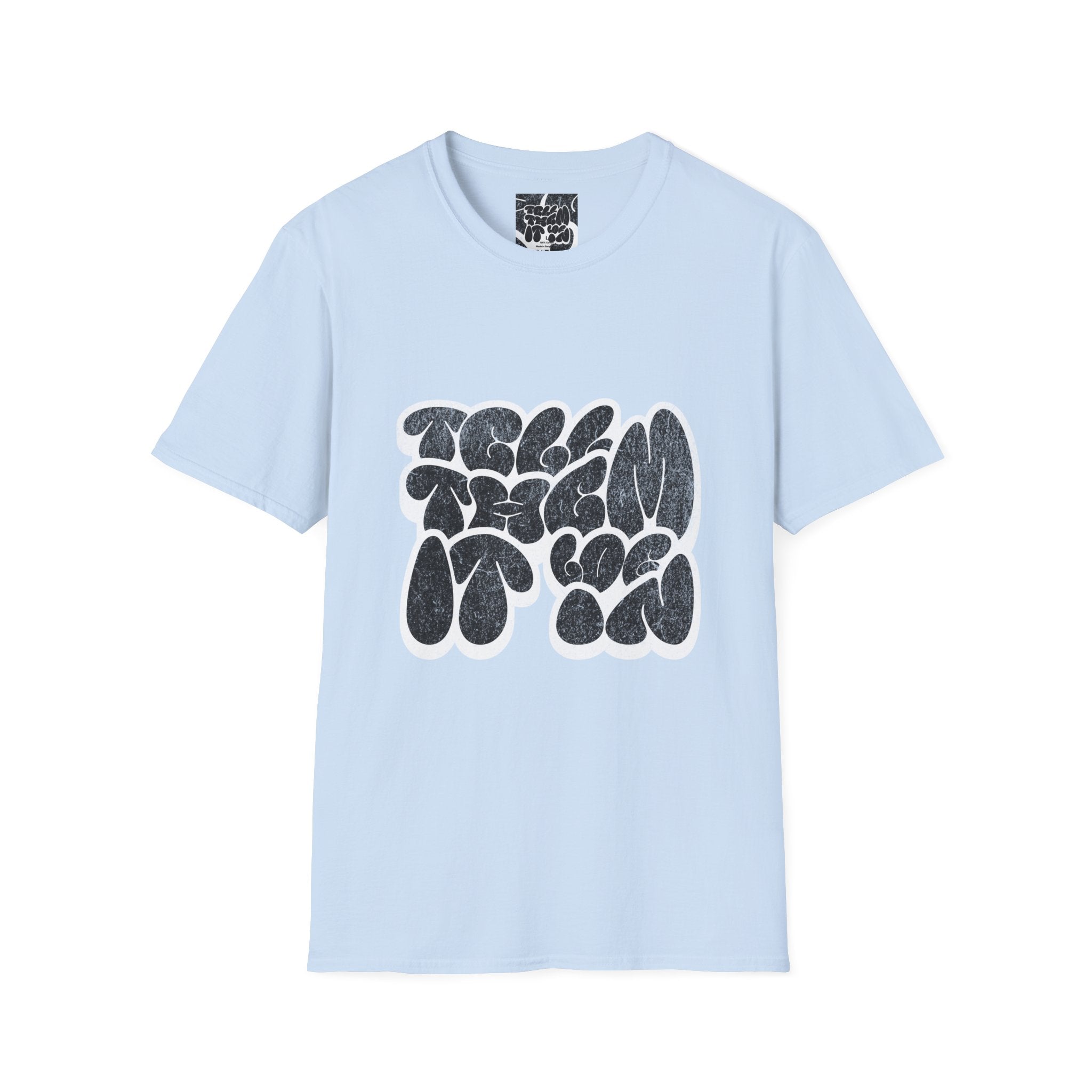 Abstract Bubble Letter Graphic "LOG IT IN" T-Shirt — Vintage Black Text Design